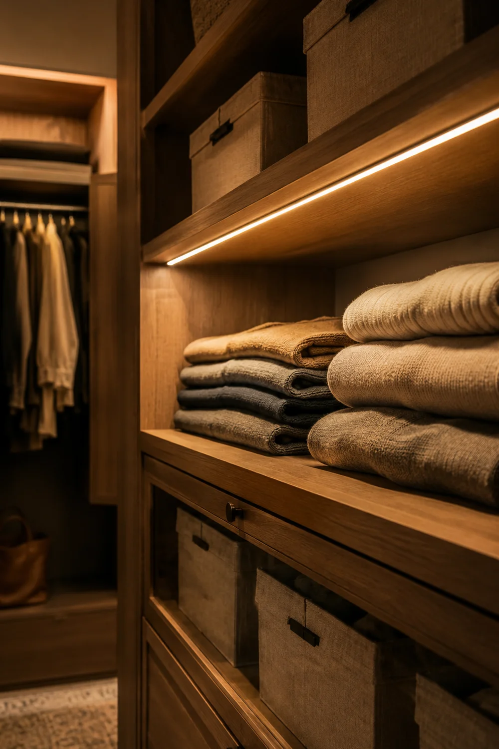 Warm white LED light bar mounted under closet shelf casting directional light down onto folded clothes and linen storage boxes