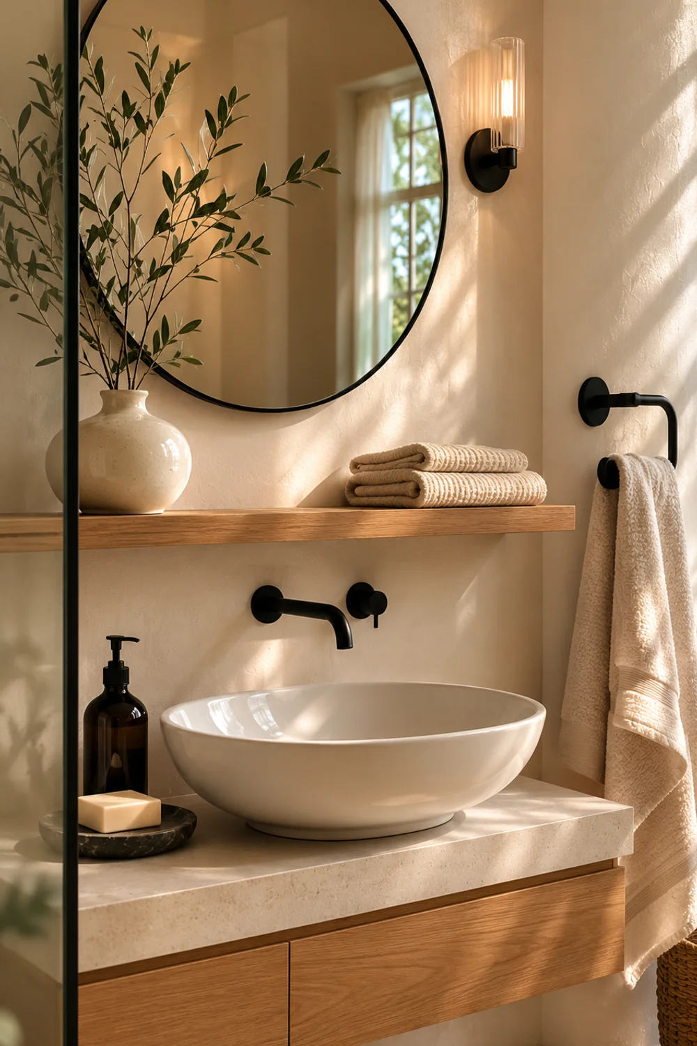 Warm white bathroom with soft black accents and natural wood shelf styling