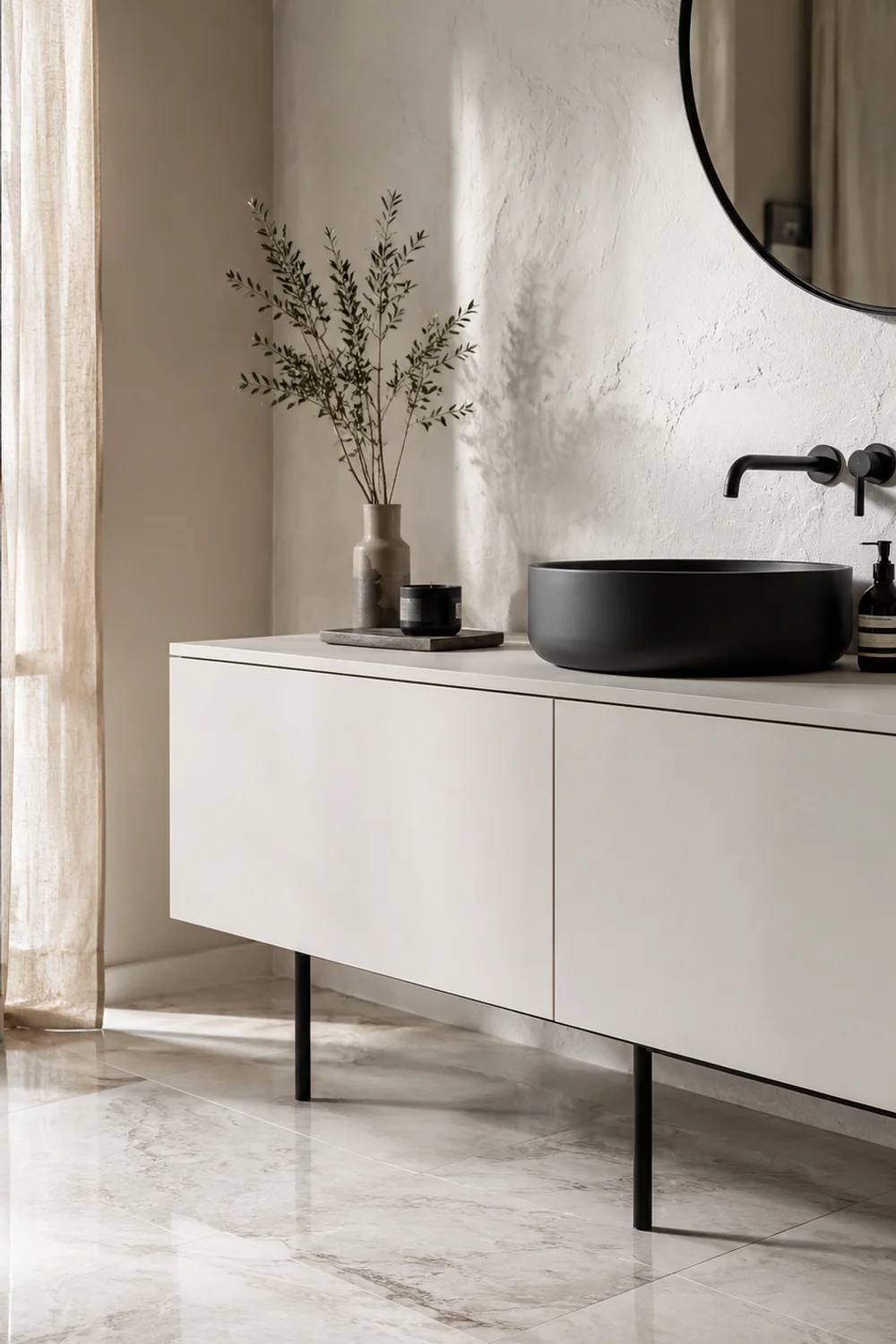 White floating vanity with matte black metal legs in a modern bathroom