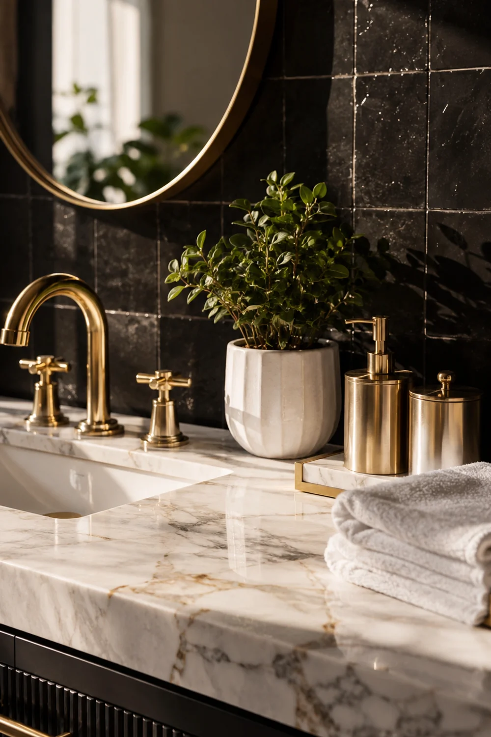 White marble vanity with brushed brass fixtures and matte black tile in luxury bathroom