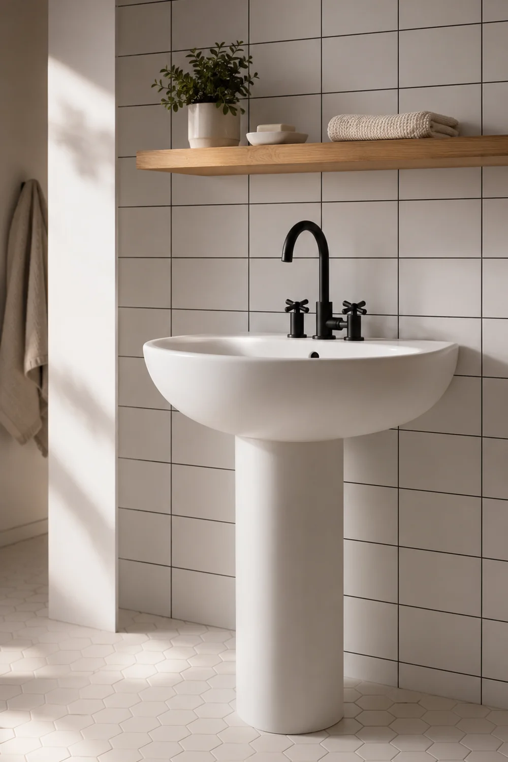 White ceramic pedestal sink with matte black cross handle faucet and black grout tile wall