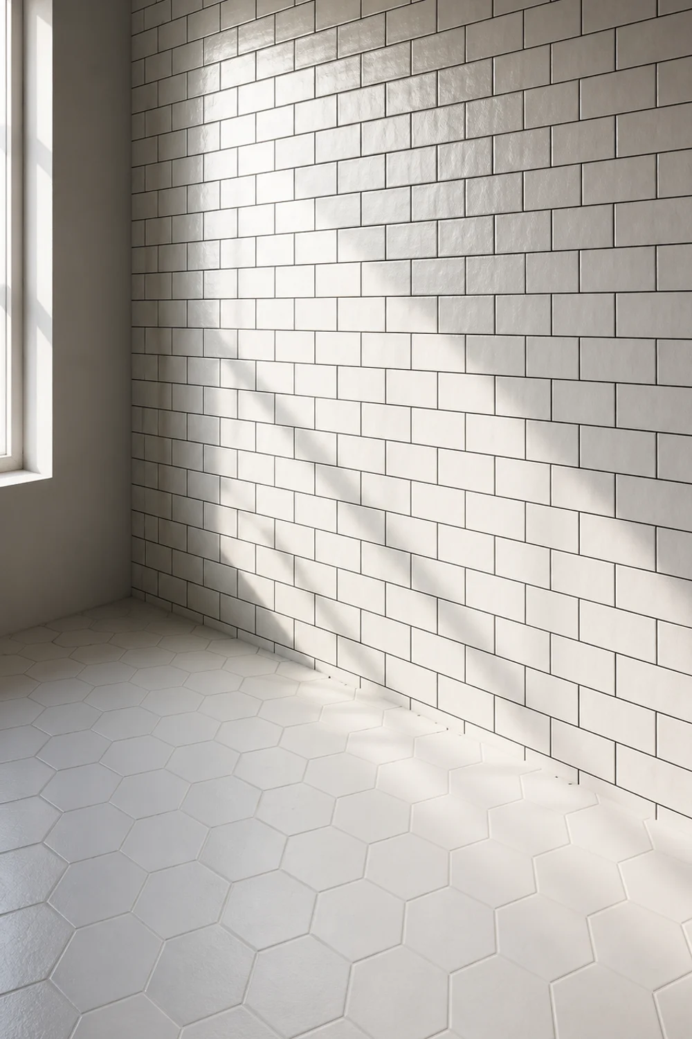 White subway tile with black grout in a minimalist bathroom shower wall