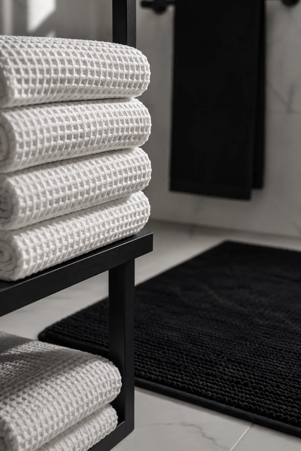 White waffle weave towels and black bath mat on white tile bathroom floor