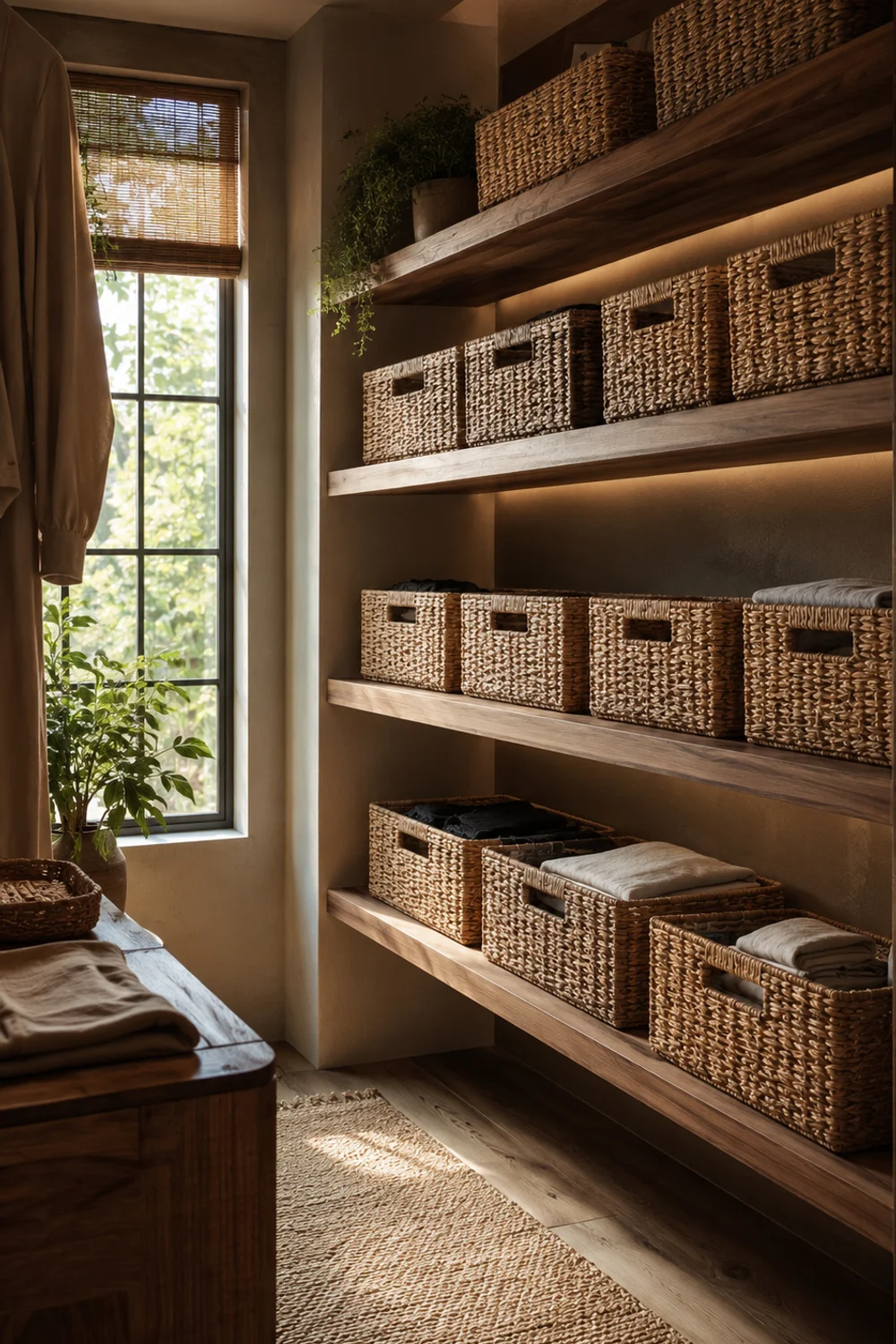 Woven rattan baskets arranged on wooden closet shelves with intentional negative space and warm lighting