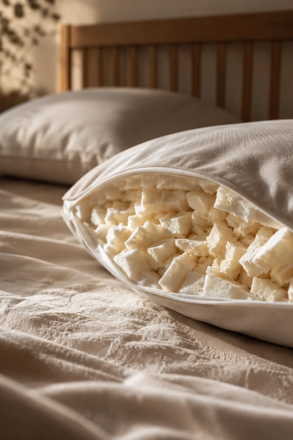 Open shredded memory foam pillow showing adjustable loft fill texture
