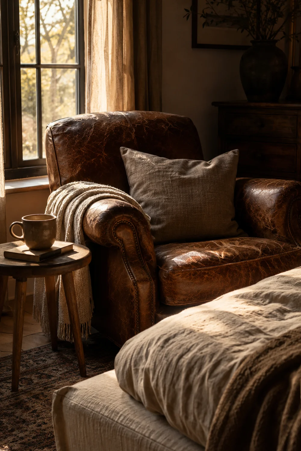 Aged full-grain leather accent chair in a cozy earthy bedroom reading nook