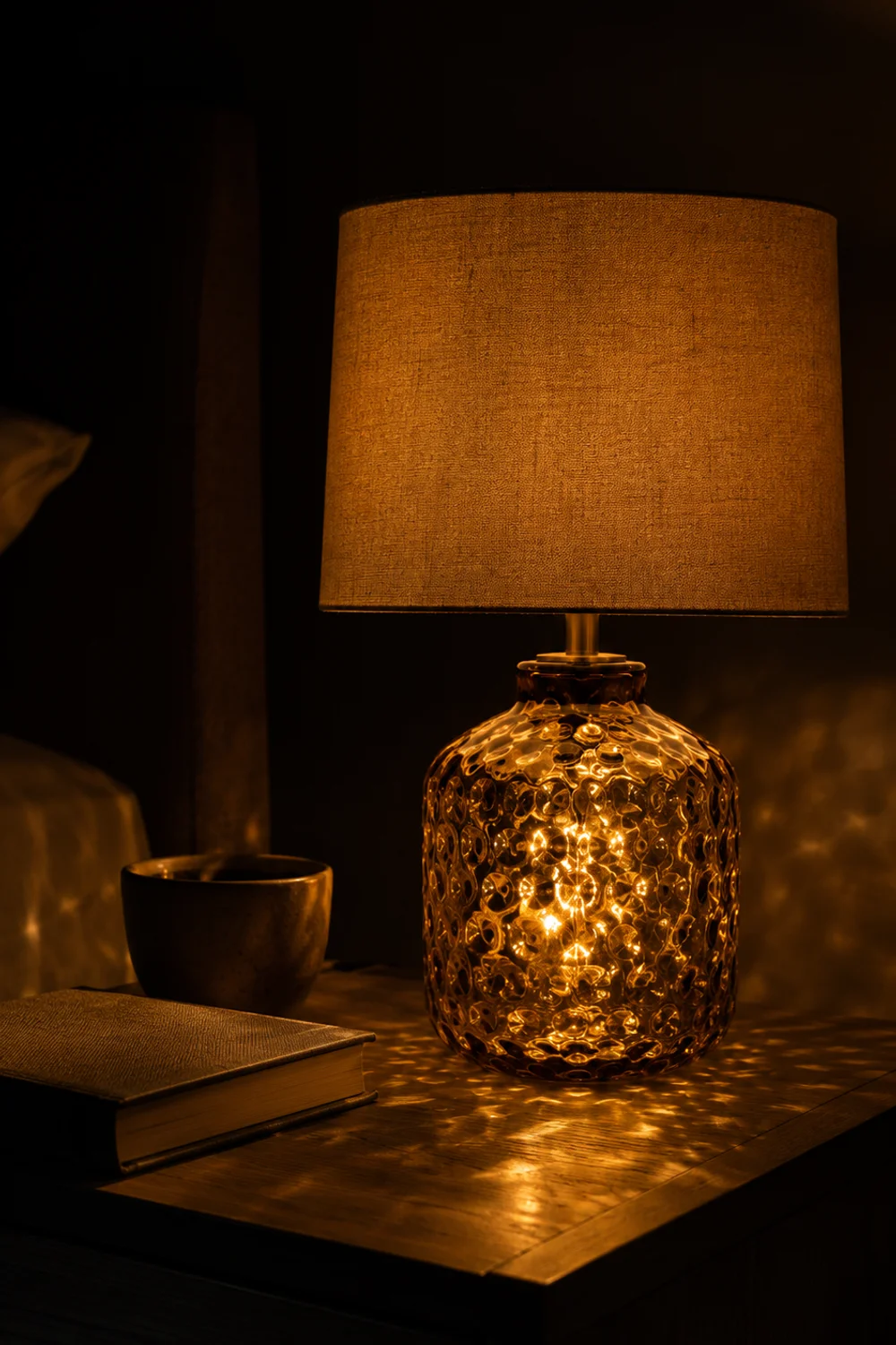 Amber pressed glass table lamp glowing warmly on a nightstand at night