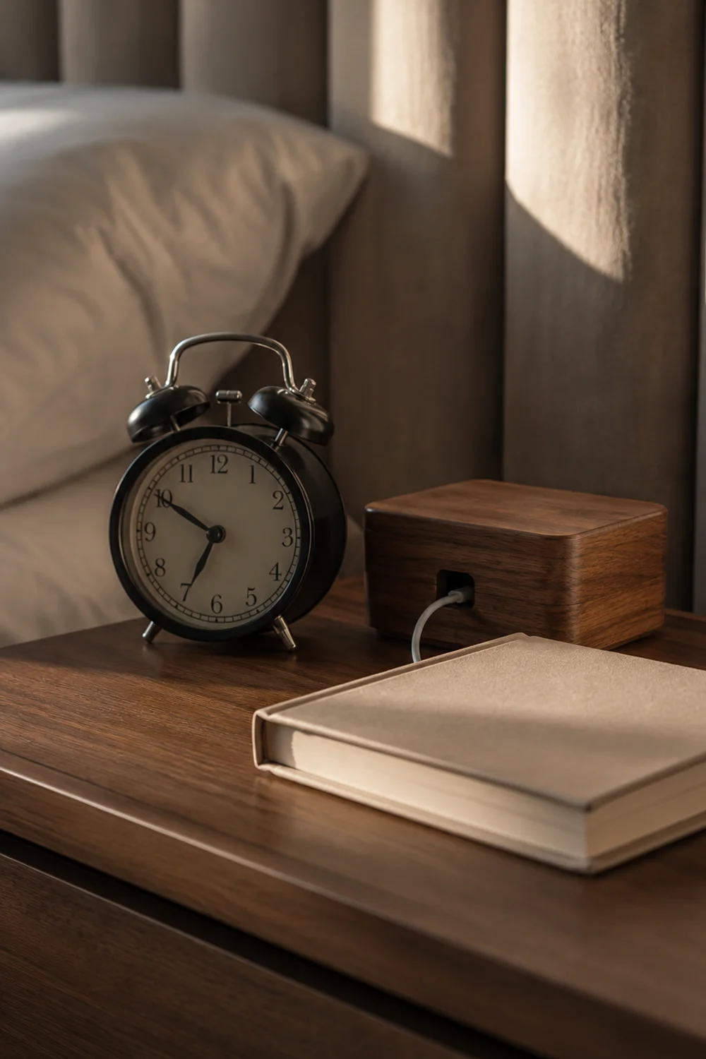 Analog alarm clock and hidden cable box on nightstand
