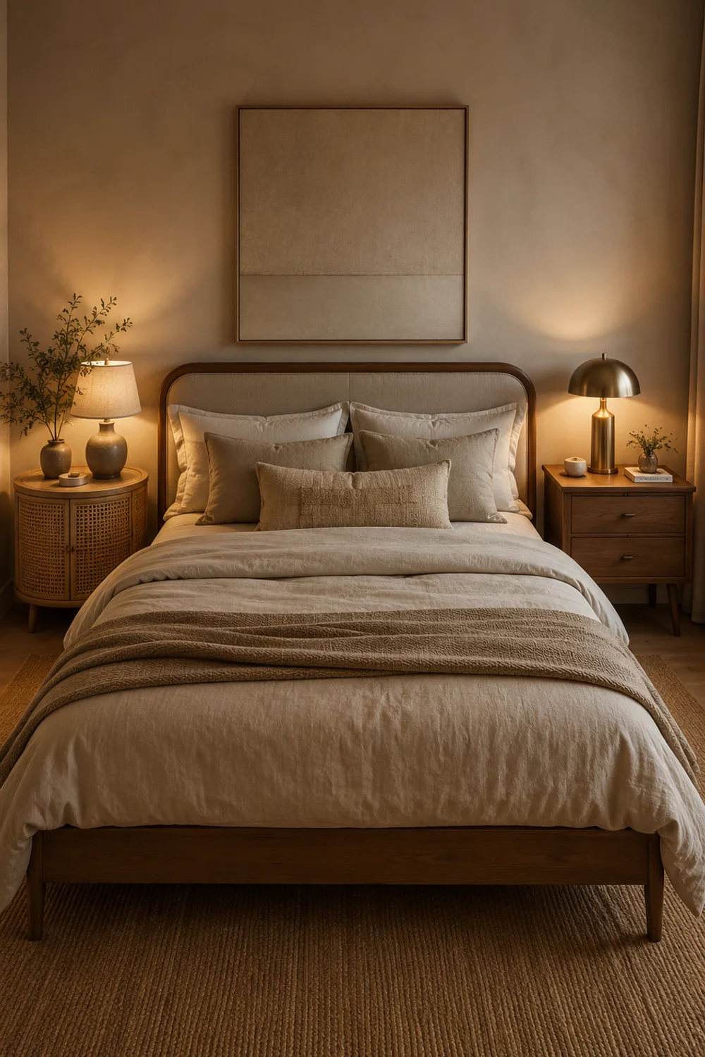 Mismatched woven rattan and solid wood nightstands on either side of a bed