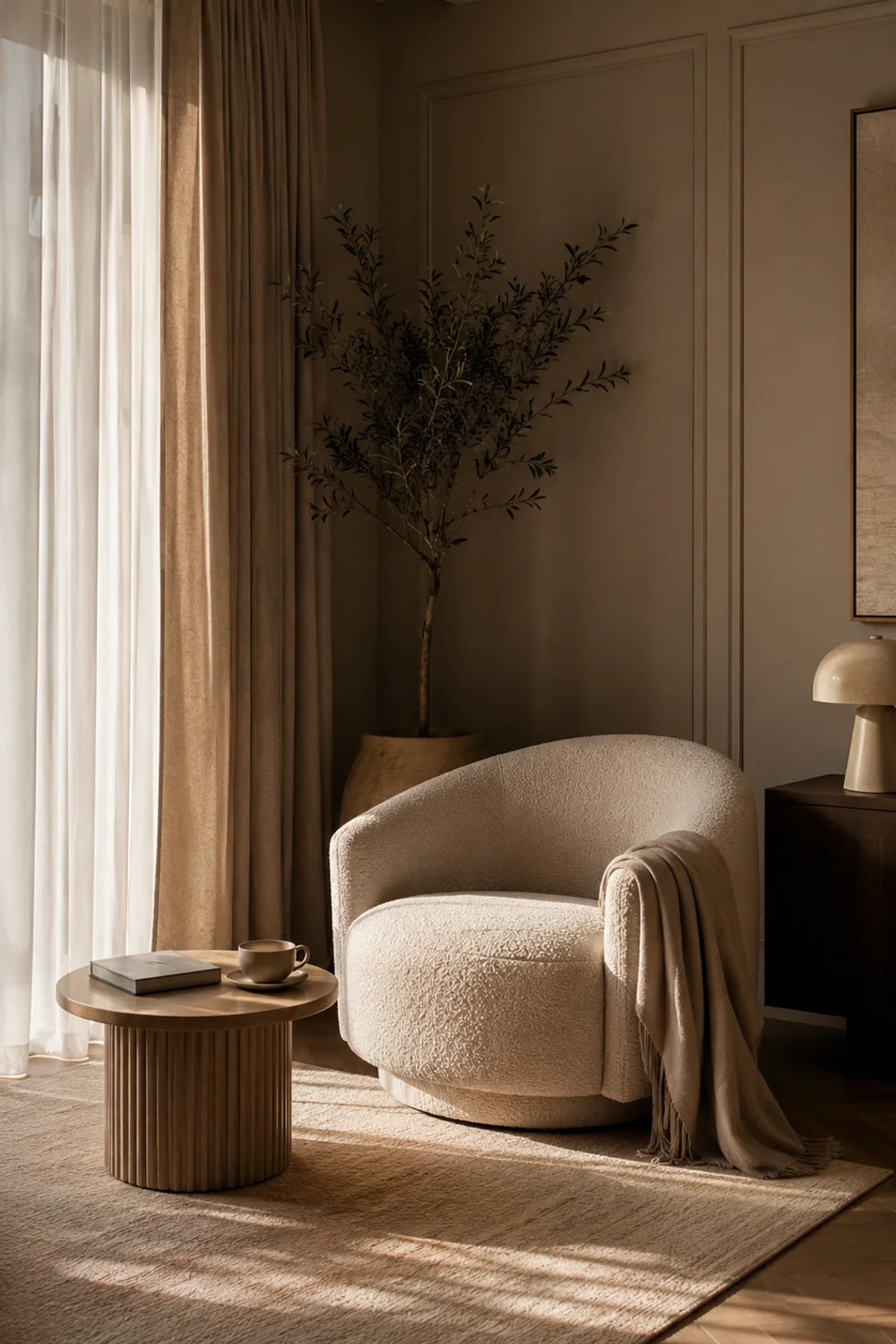 Cozy bedroom reading corner with bouclé accent chair