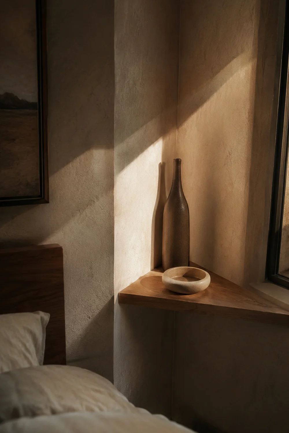 Narrow wood corner shelf styled with a tall vessel in an awkward bedroom alcove