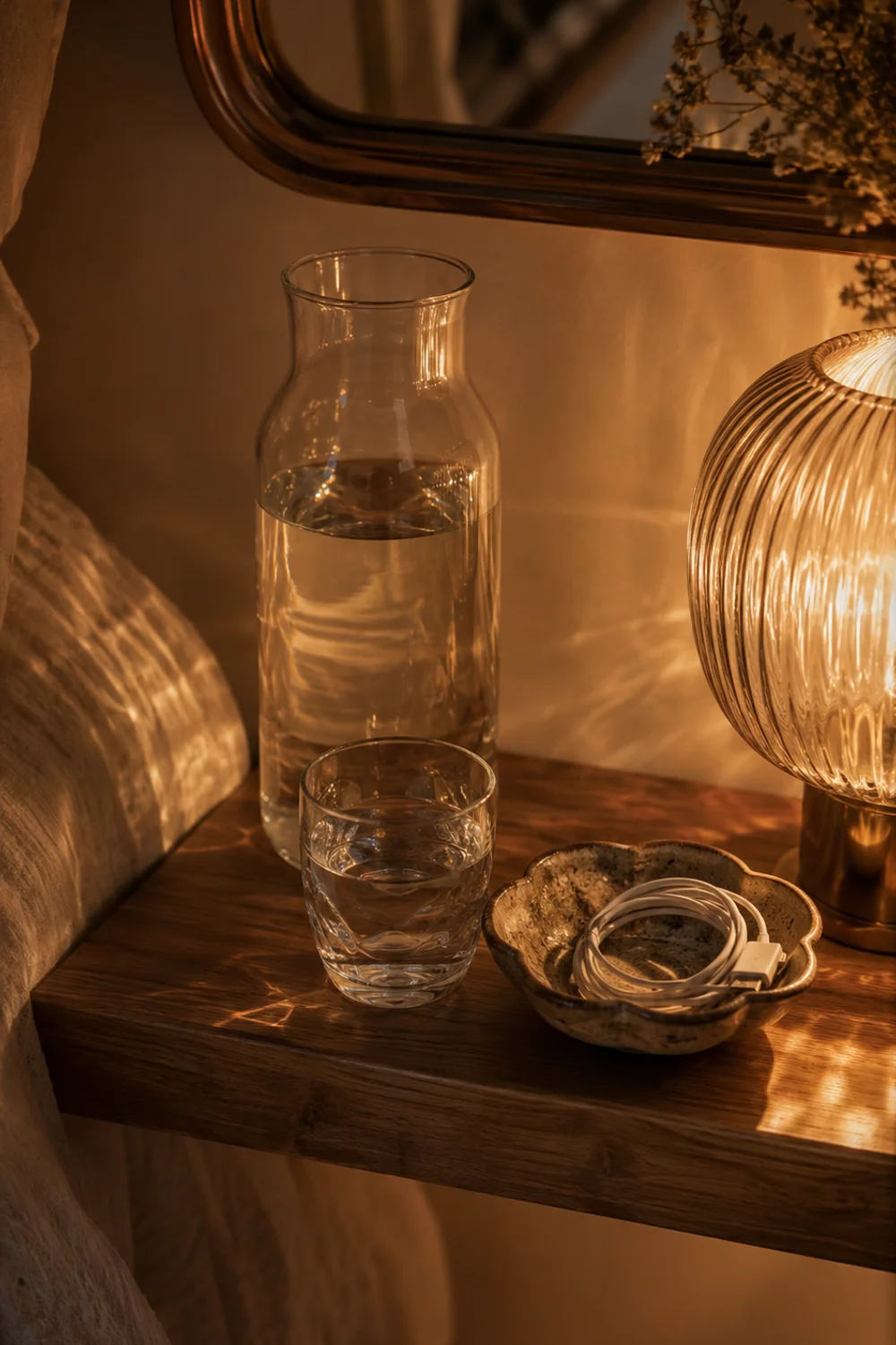 Glass carafe and tumbler styled functionally on a bedside bedroom shelf