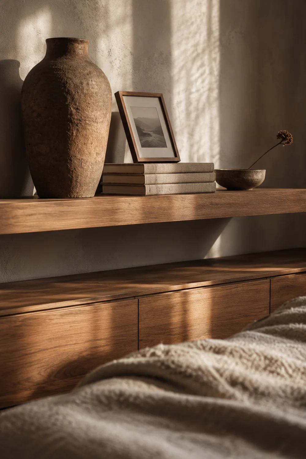 Floating bedroom shelf styled with a tall vase, layered books, and a low ceramic dish