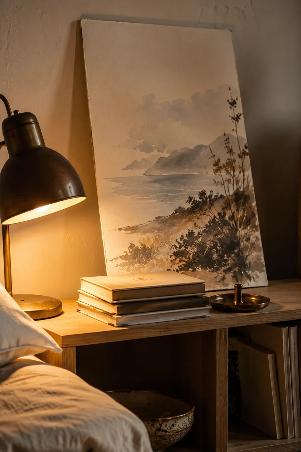 Framed watercolor leaning against a bedroom shelf wall with layered objects in front