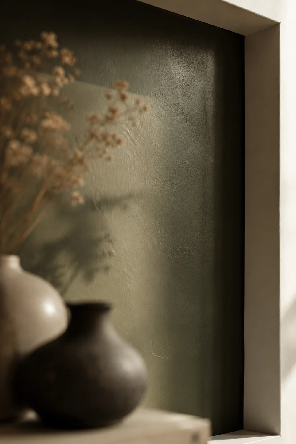 Bookshelf back panel painted in a deep contrasting color behind neutral objects