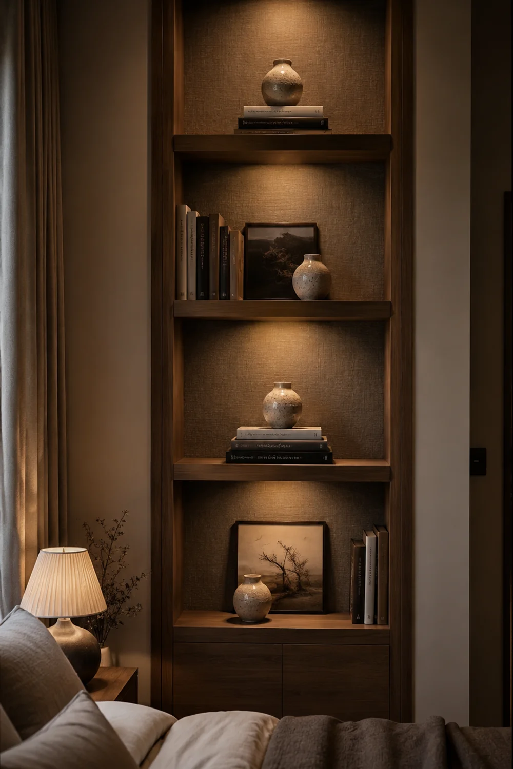 Floor-to-ceiling bookshelf unified by a repeated ceramic object across four tiers