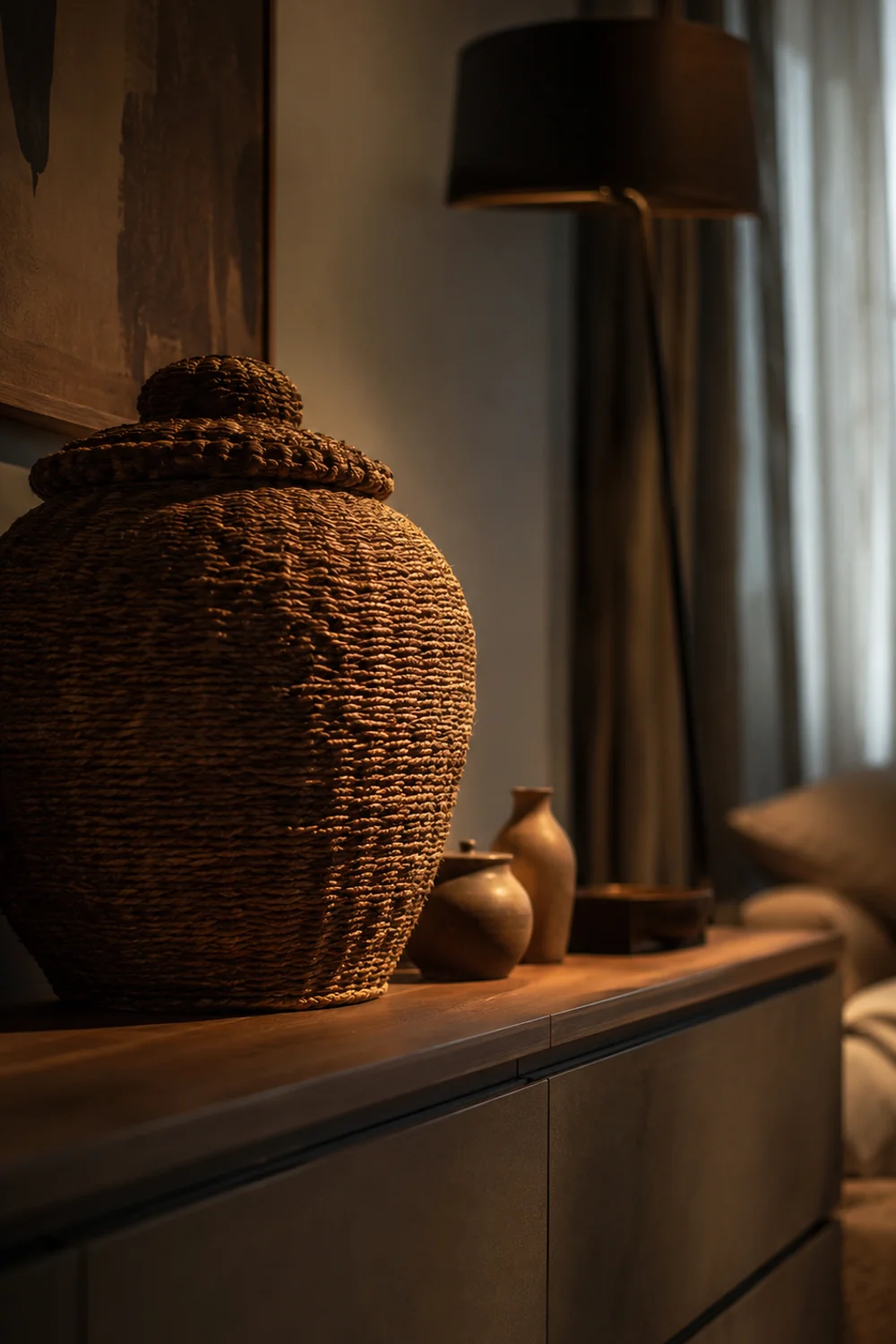Oversized woven vessel anchoring a bedroom shelf with smaller ceramic objects
