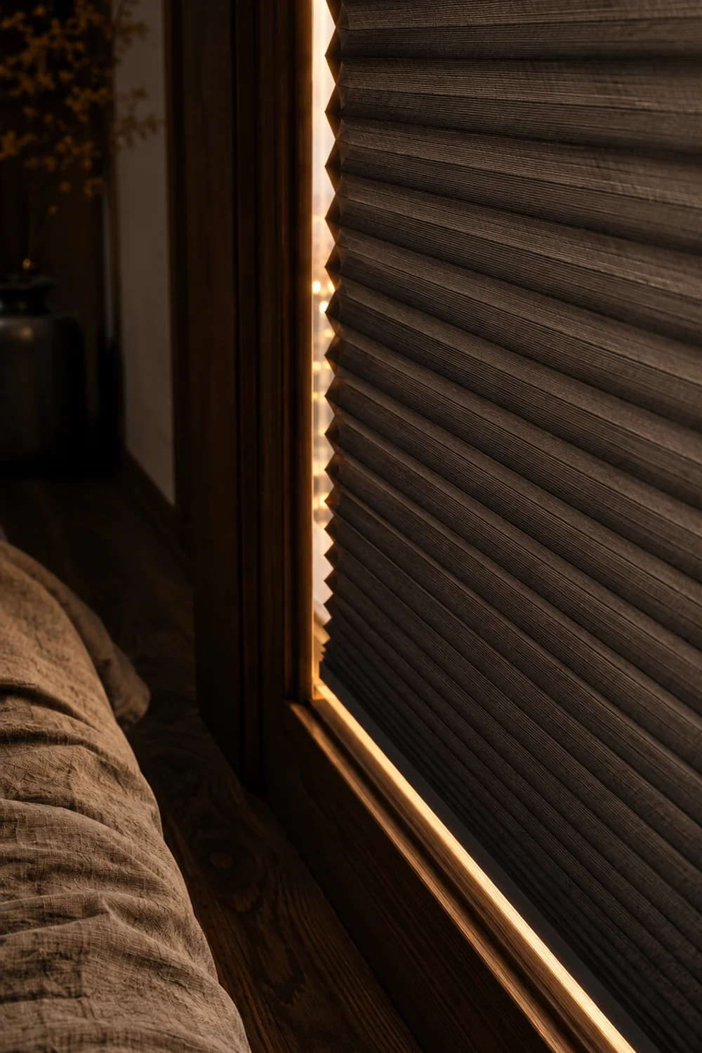 Cordless blackout cellular shade mounted tightly against window frame in a dark bedroom