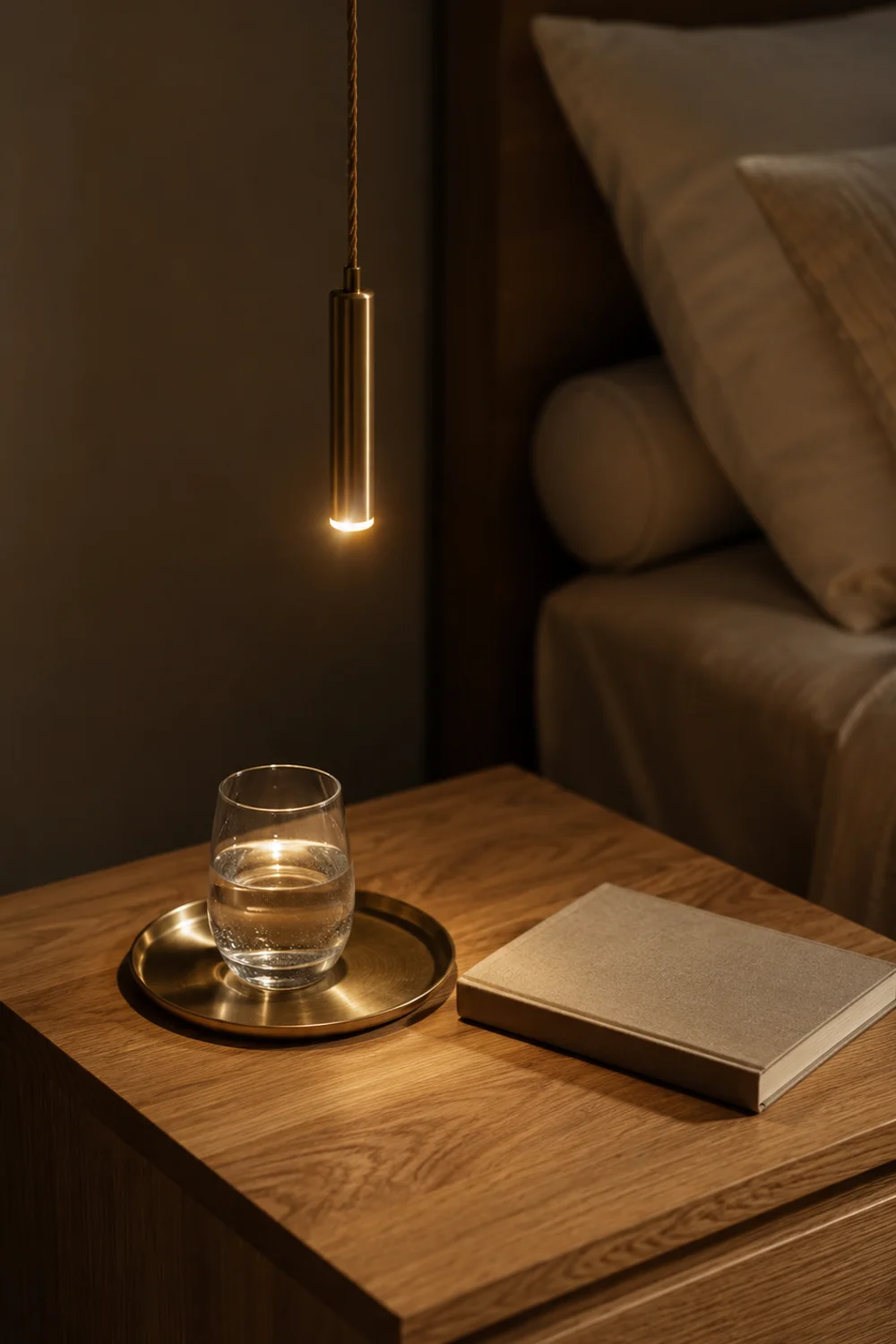 Brass mini pendant light hanging above an uncluttered nightstand with tray and glass