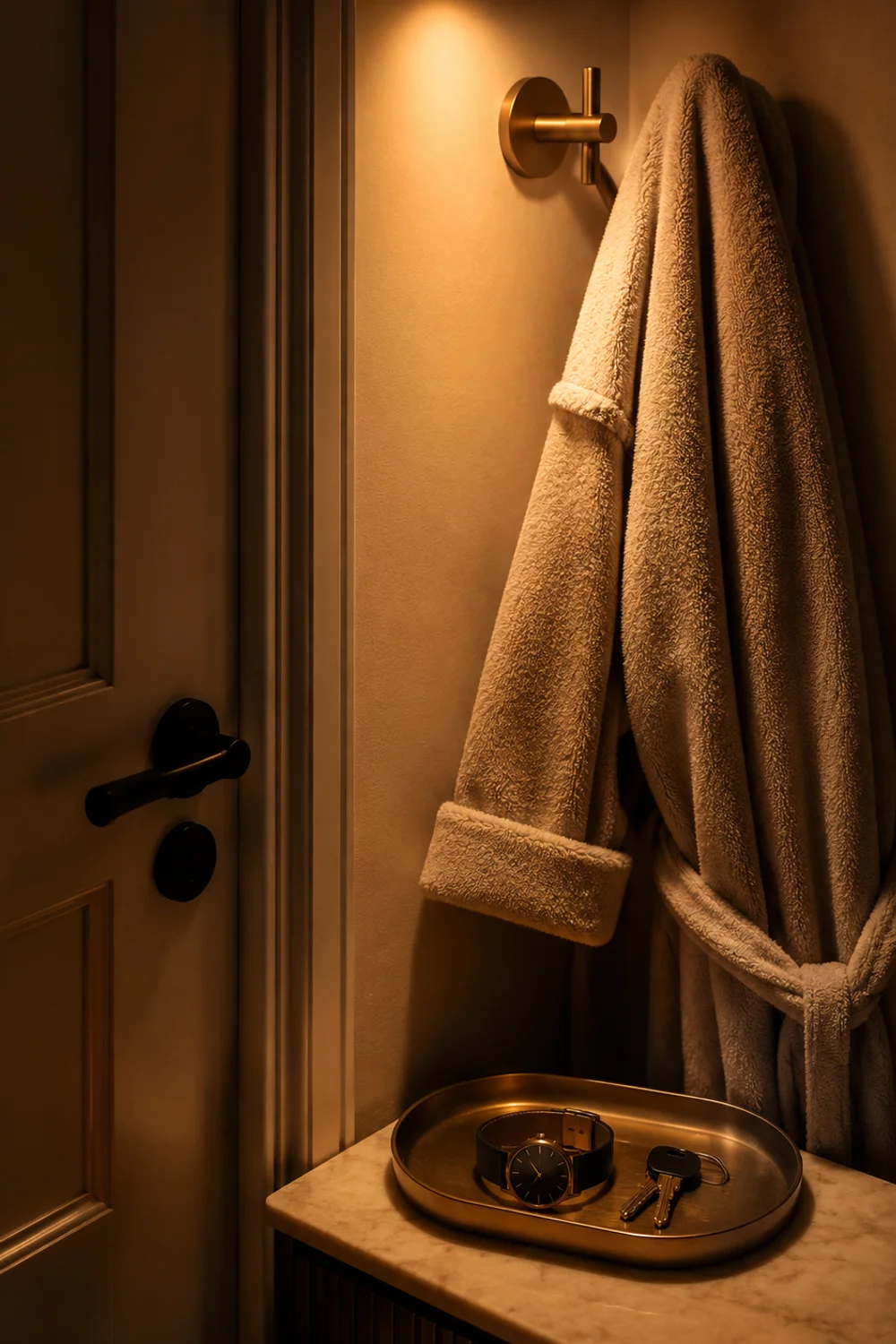 Matte brass wall hook with robe and small tray for phone and watch near bedroom doorway