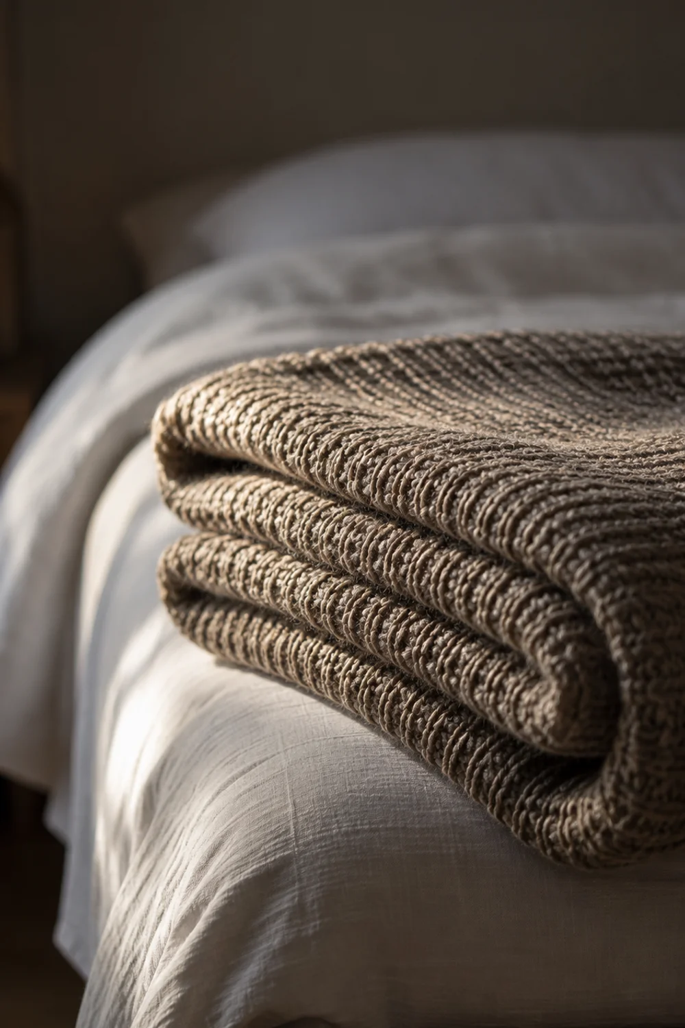 Chunky cable-knit throw blanket tri-folded at the foot of the bed
