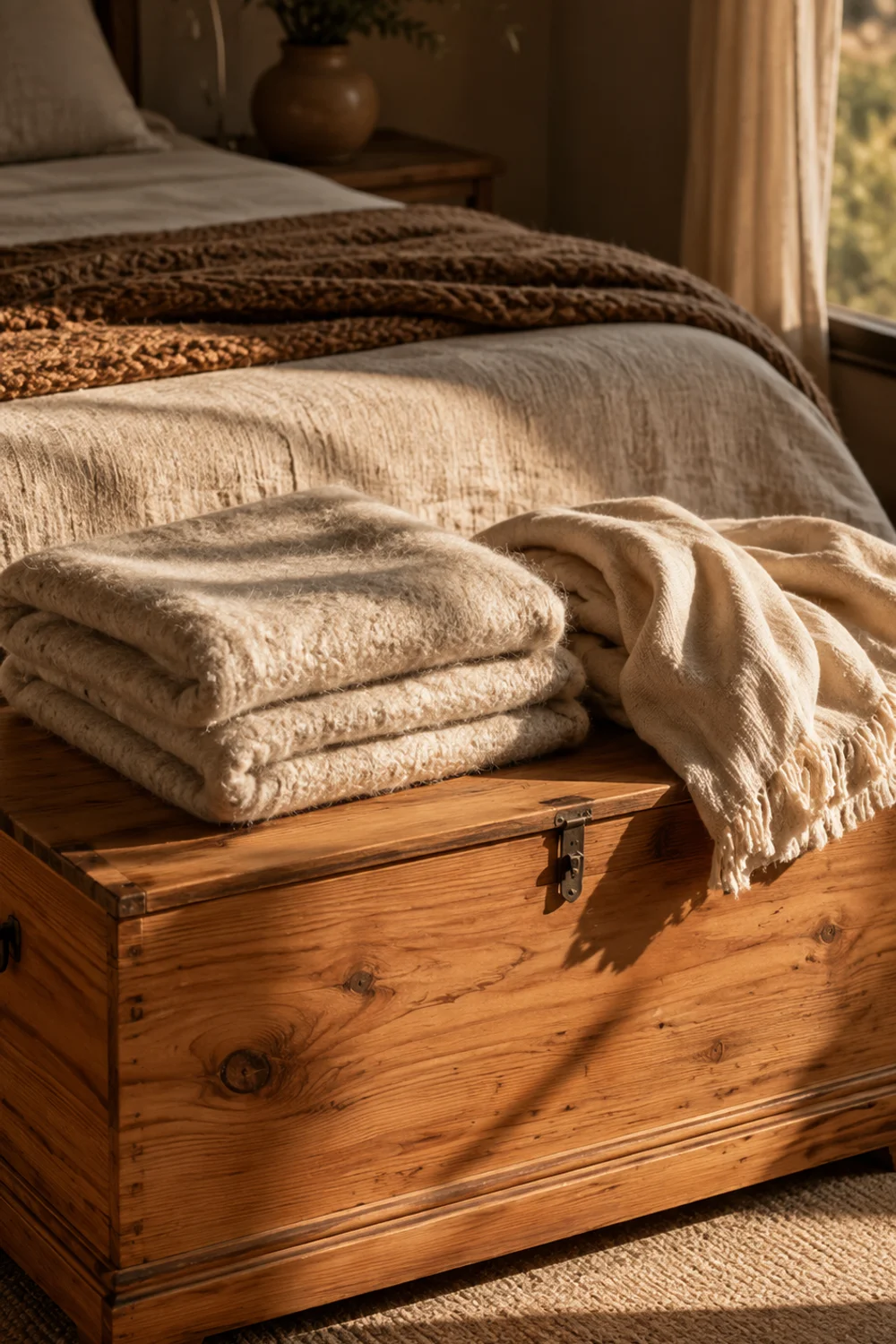 Cedar storage chest at the foot of the bed with folded wool throw for seasonal rotation
