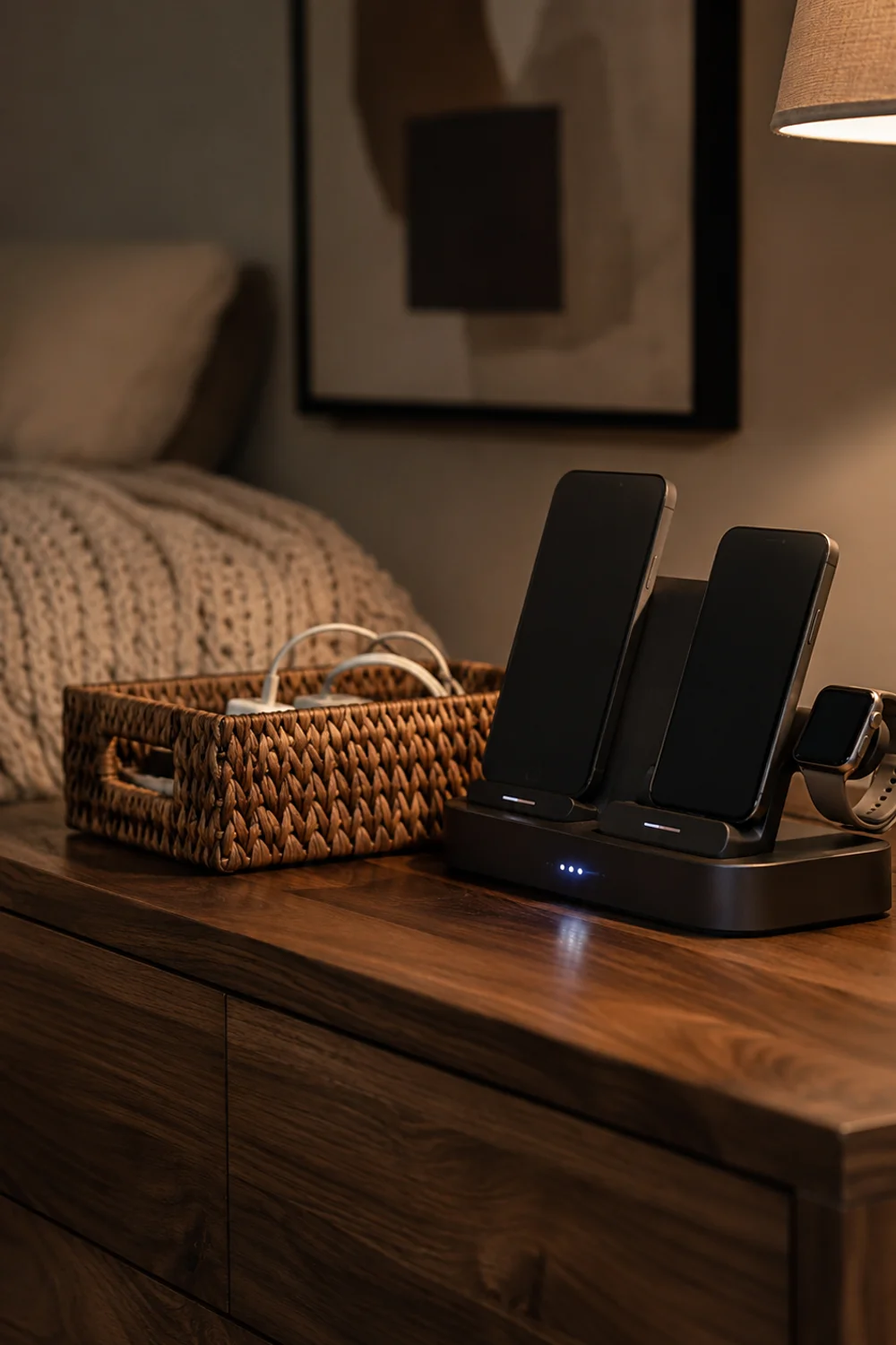 Multi-device charging station on dresser positioned across the room from the bed