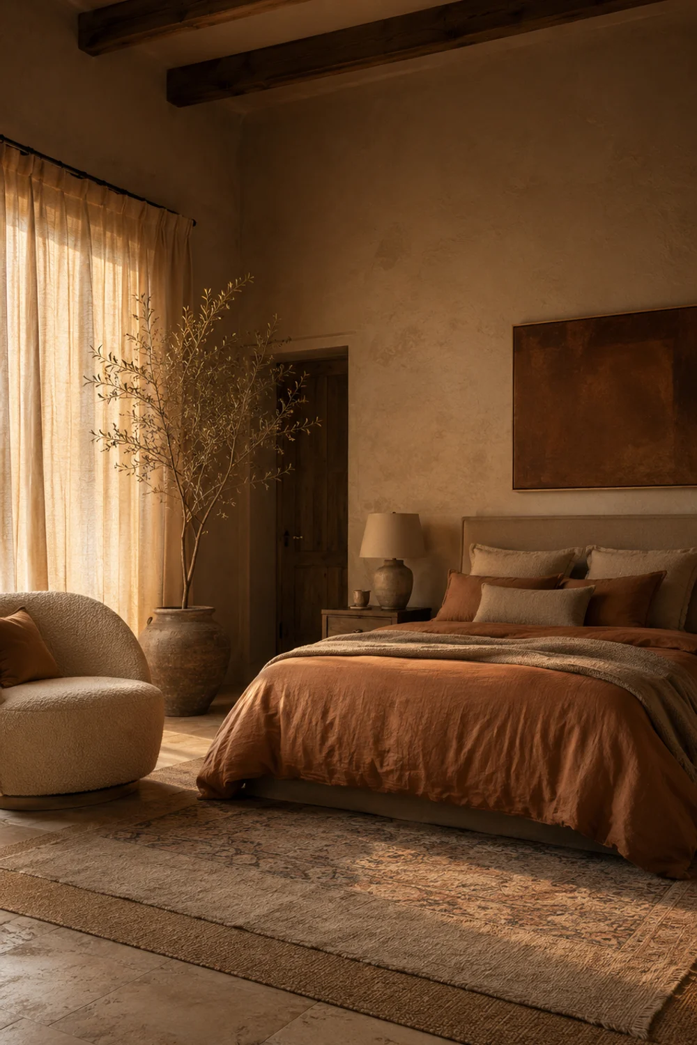 Cozy warm-toned bedroom with layered textiles and soft afternoon light