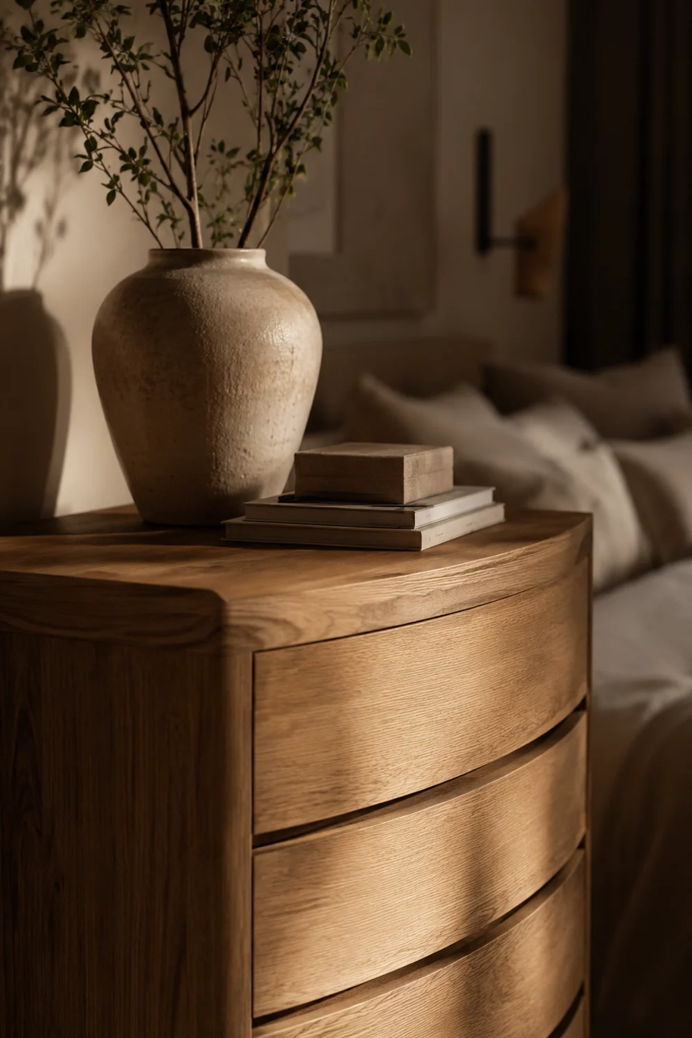 Curved front wood dresser styled with ceramic vase and books in a neutral bedroom