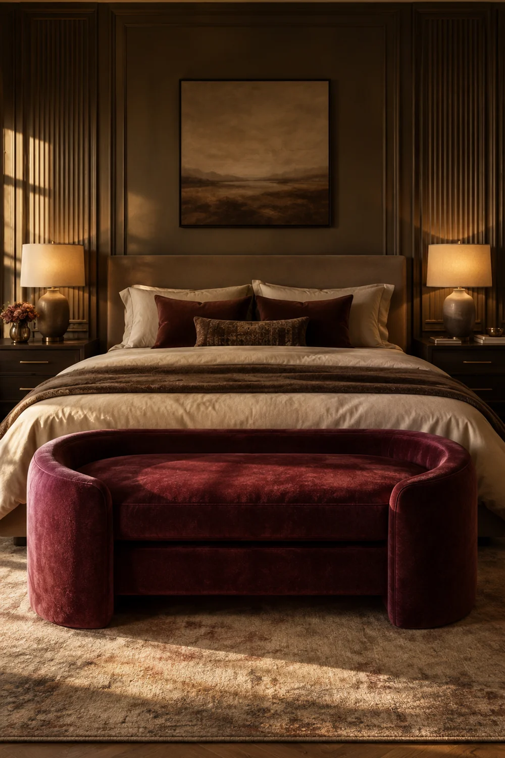 Curved velvet two-seat bench at the foot of a bed with symmetrical nightstands on either side