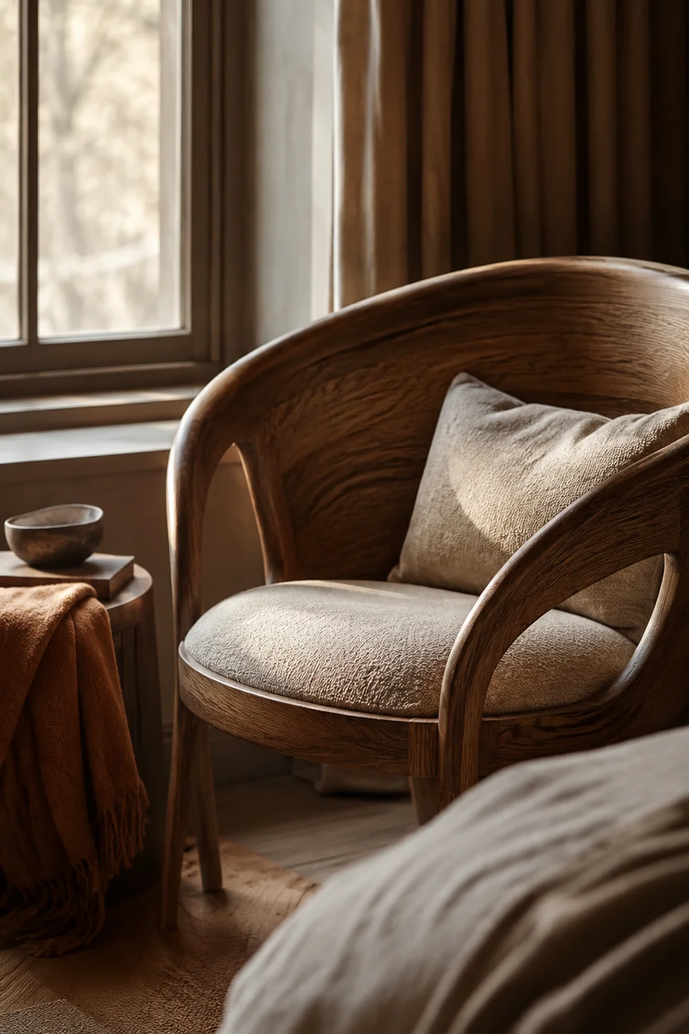 Curved wood accent chair in a warm neutral bedroom reading corner