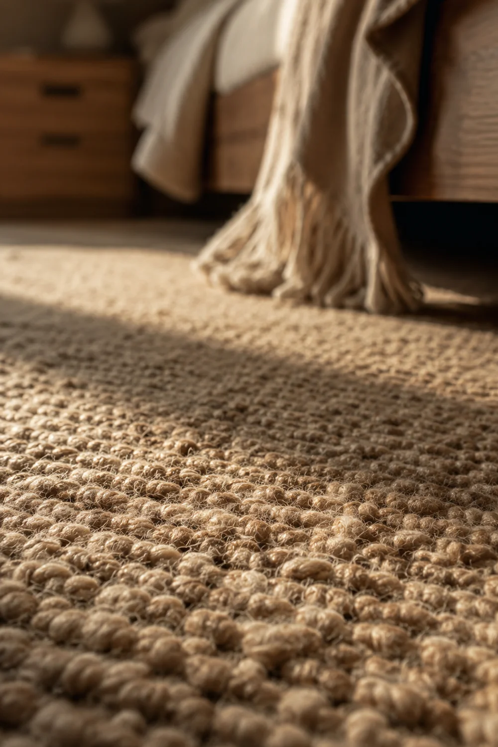Thick pile wool area rug in warm oatmeal beside a bed, low angle view