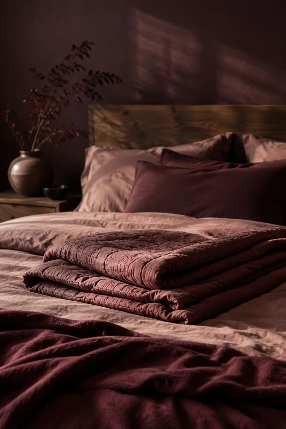 Romantic bedroom styled in desaturated wine and clay-plum tones with warm evening light