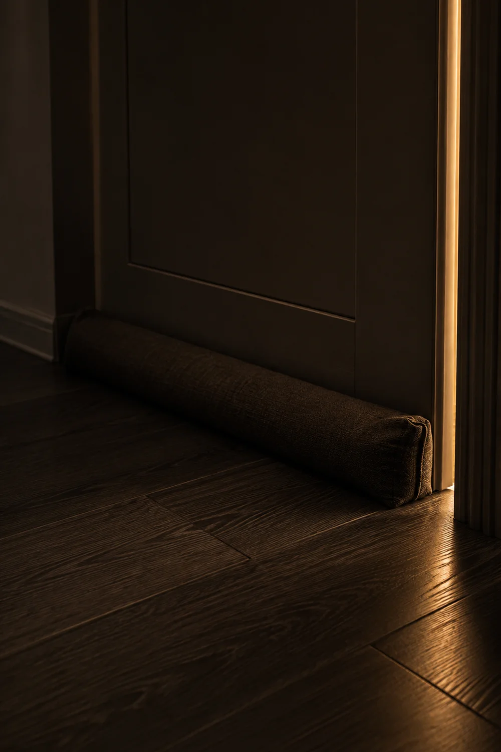 Fabric draft stopper blocking light leak beneath a bedroom door at night