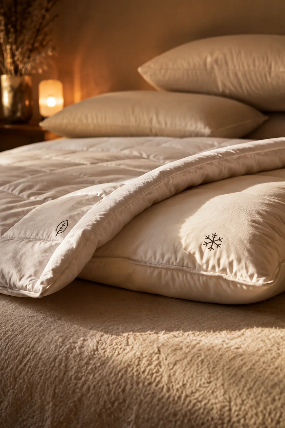 Duvet insert peeled back showing two independently zoned fill sections for different warmth needs