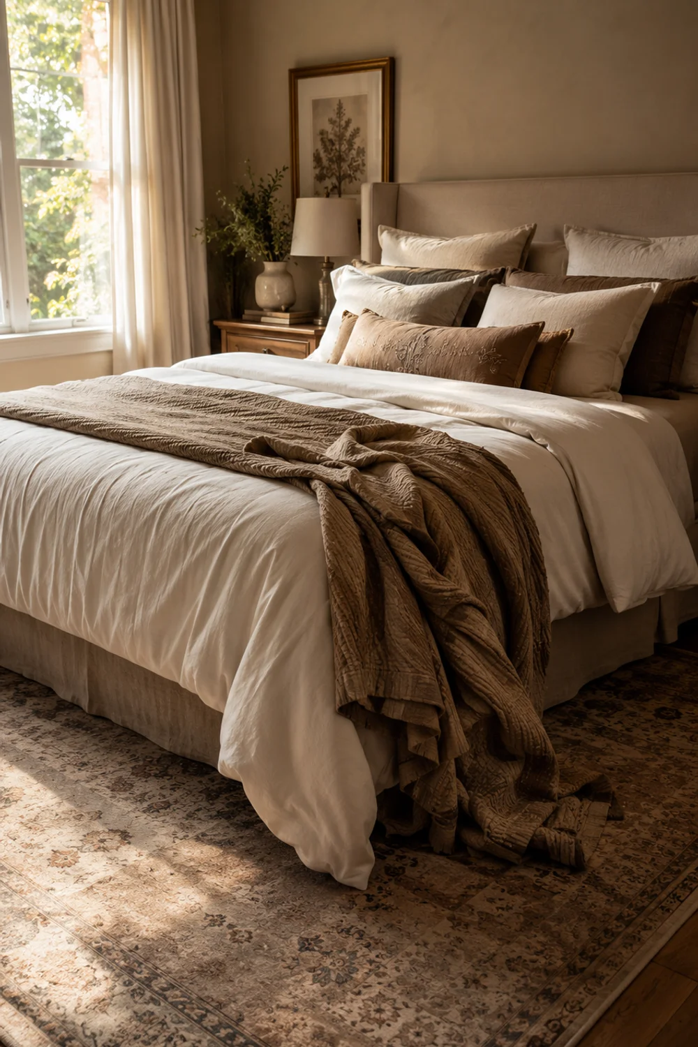 Fully styled hotel-inspired bed with one deliberately imperfect throw corner in natural light