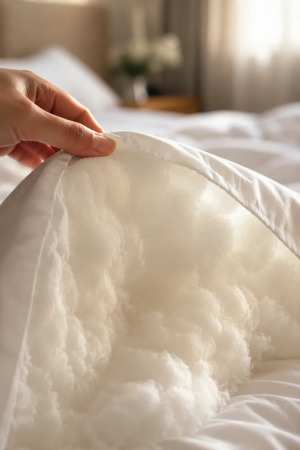 Close-up of fluffy white duvet corner lifted to show high loft down fill