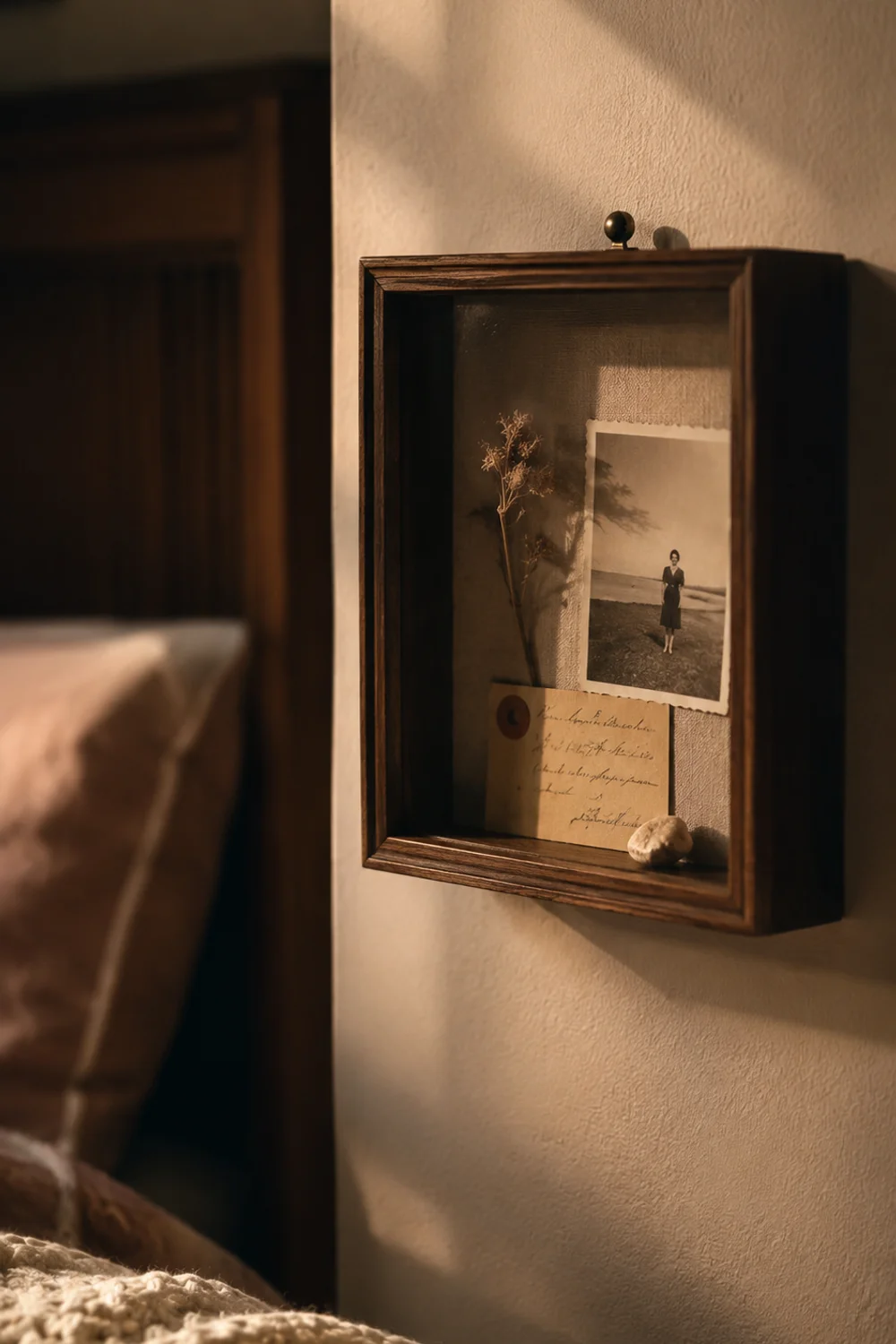 Small framed shadow box beside the bed displaying personal photographs and keepsakes