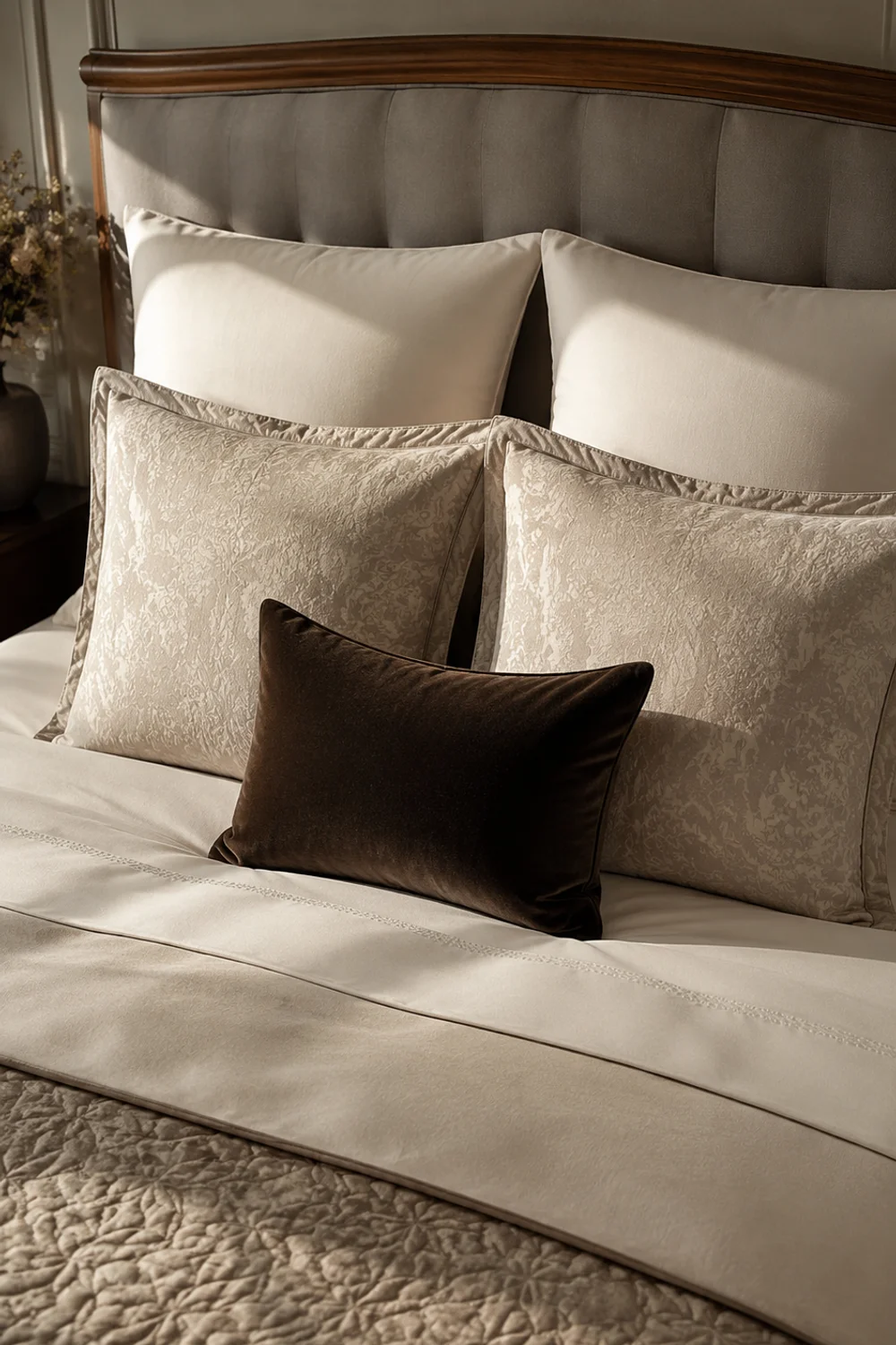 Graduated pillow arrangement with sleeping pillows, euro shams and single accent pillow