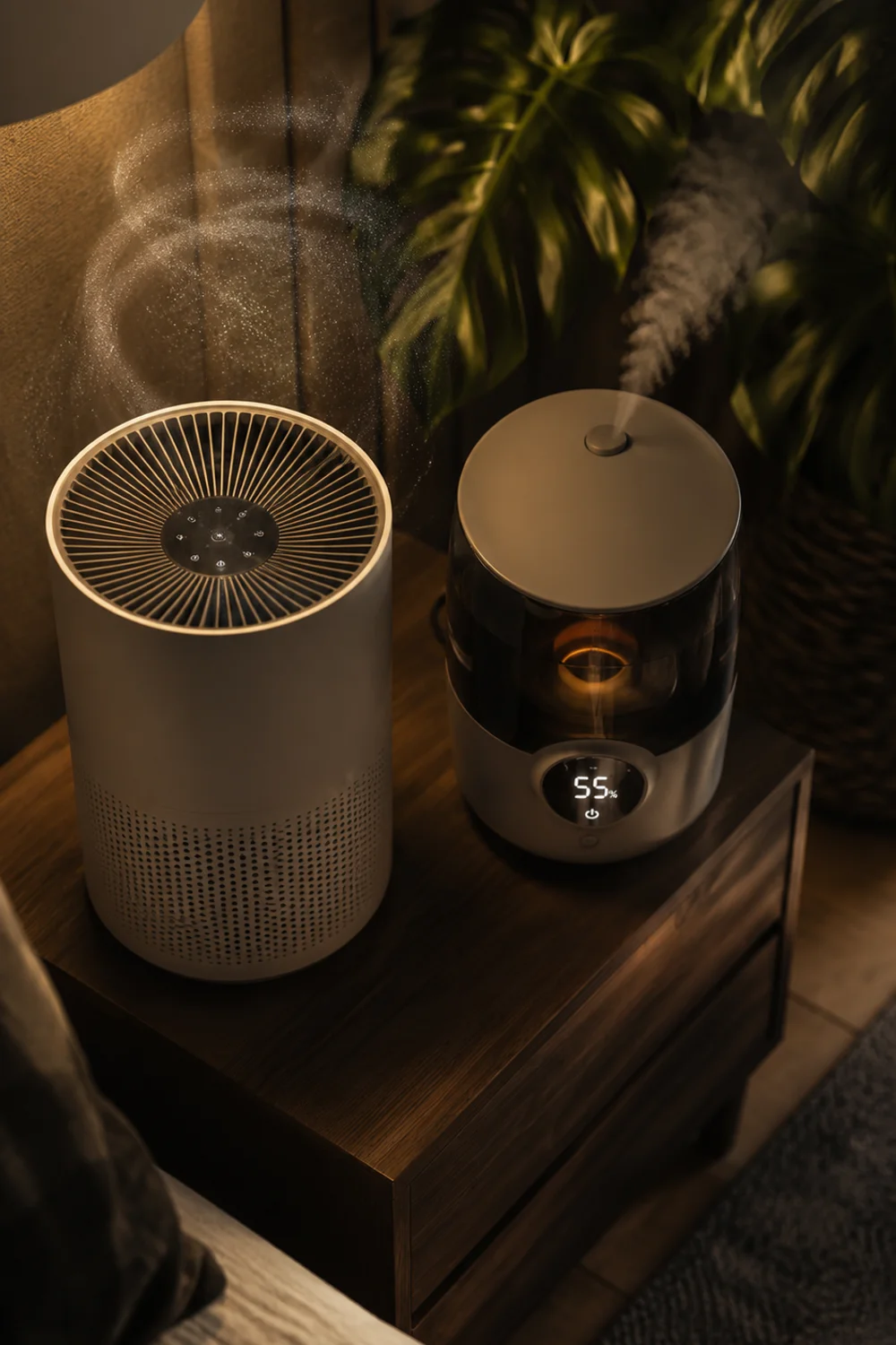 HEPA air purifier and humidifier with hygrometer placed together on bedroom nightstand