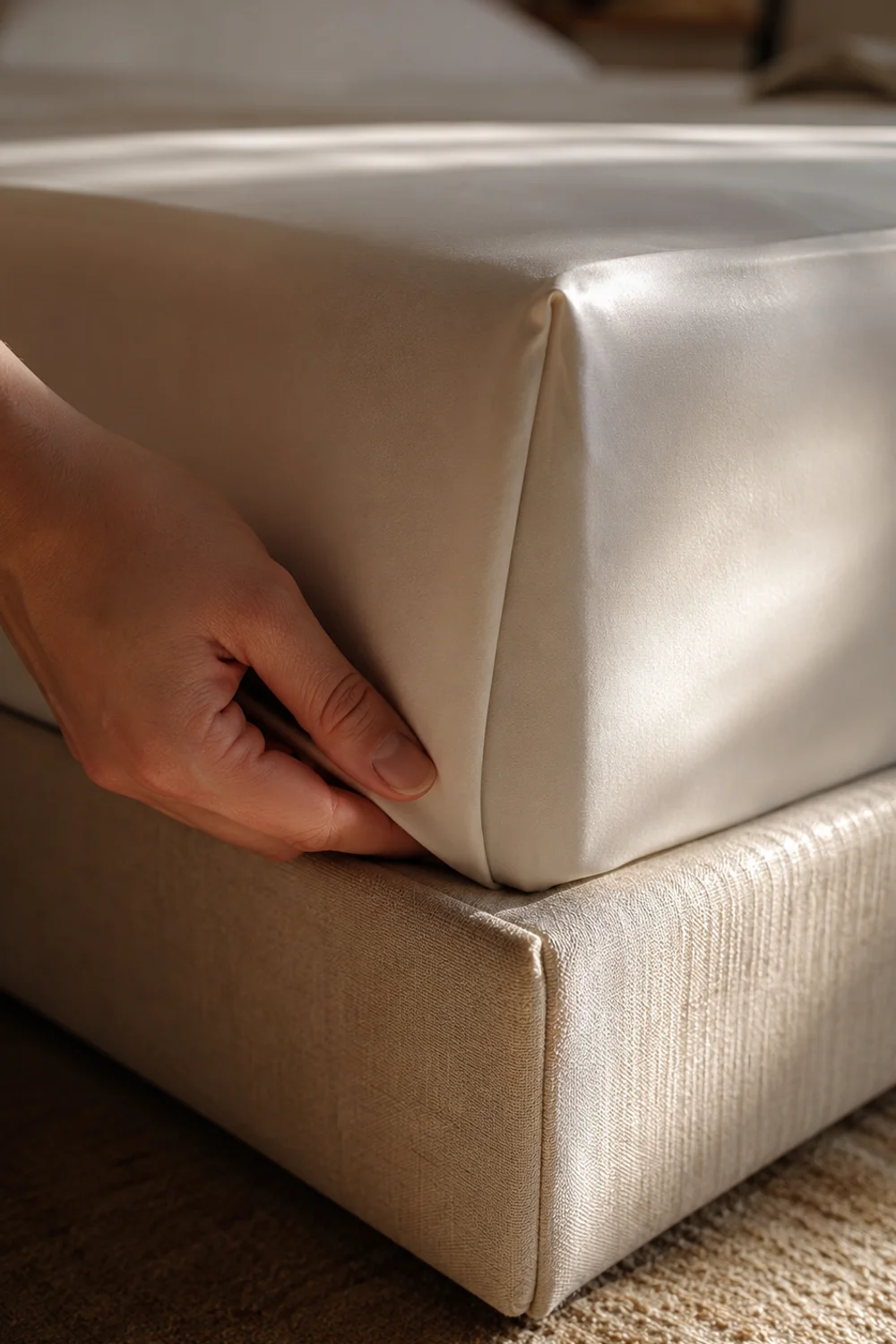 Hand folding a crisp hospital corner tuck on a fitted bed sheet