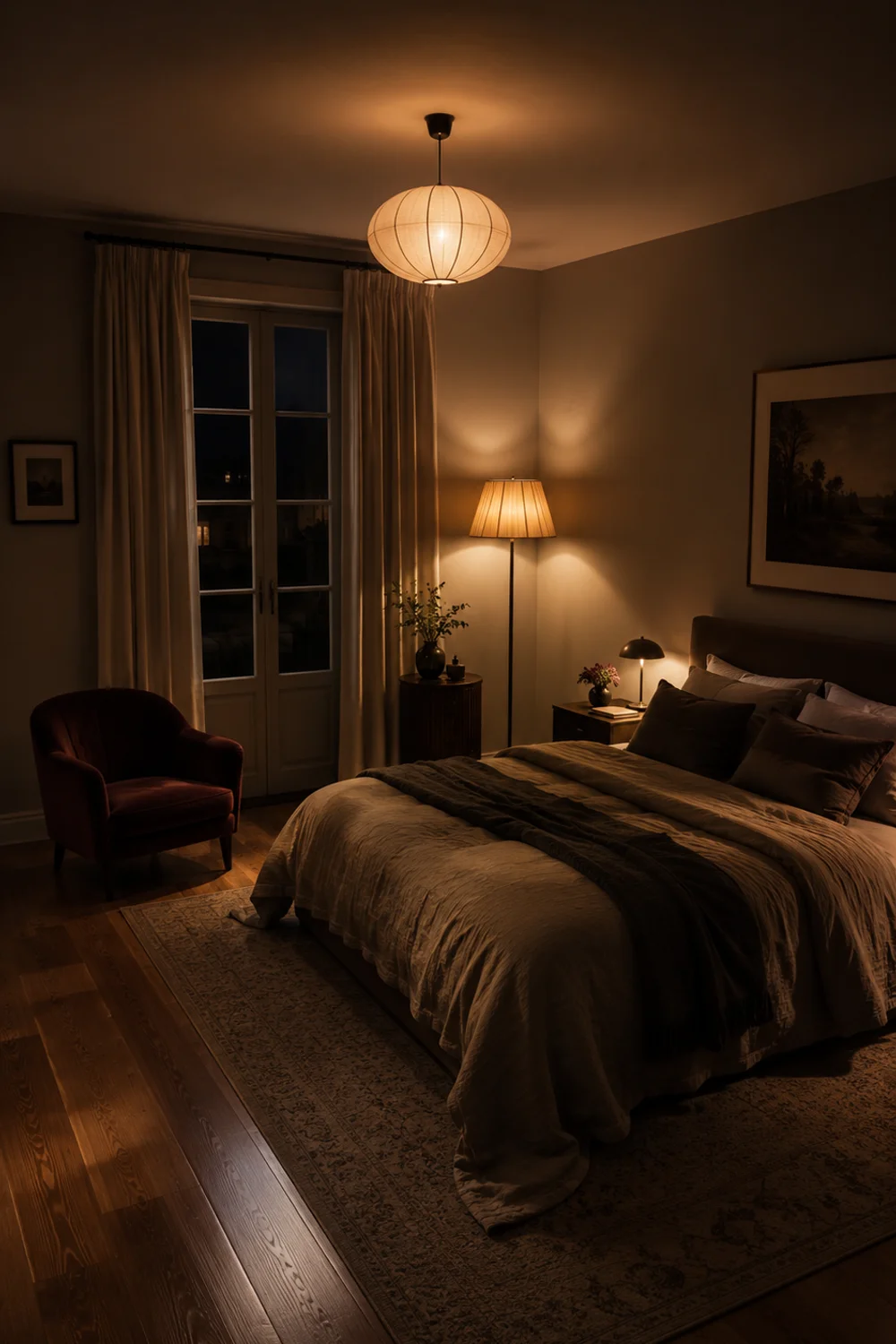 Layered bedroom lighting with ceiling dimmer, floor lamp, and bedside lamp glowing at dusk