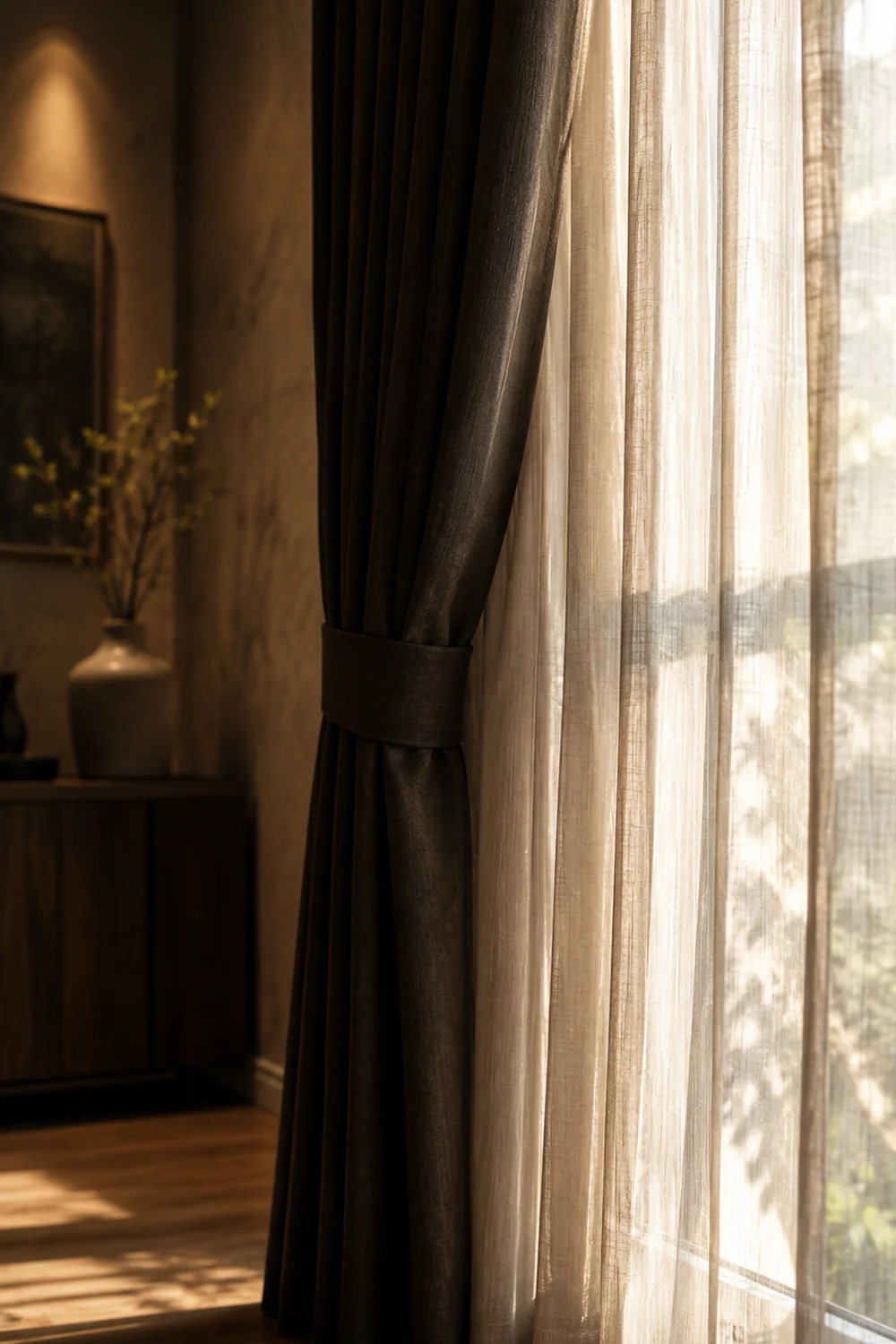 Layered blackout and sheer curtains in bedroom window