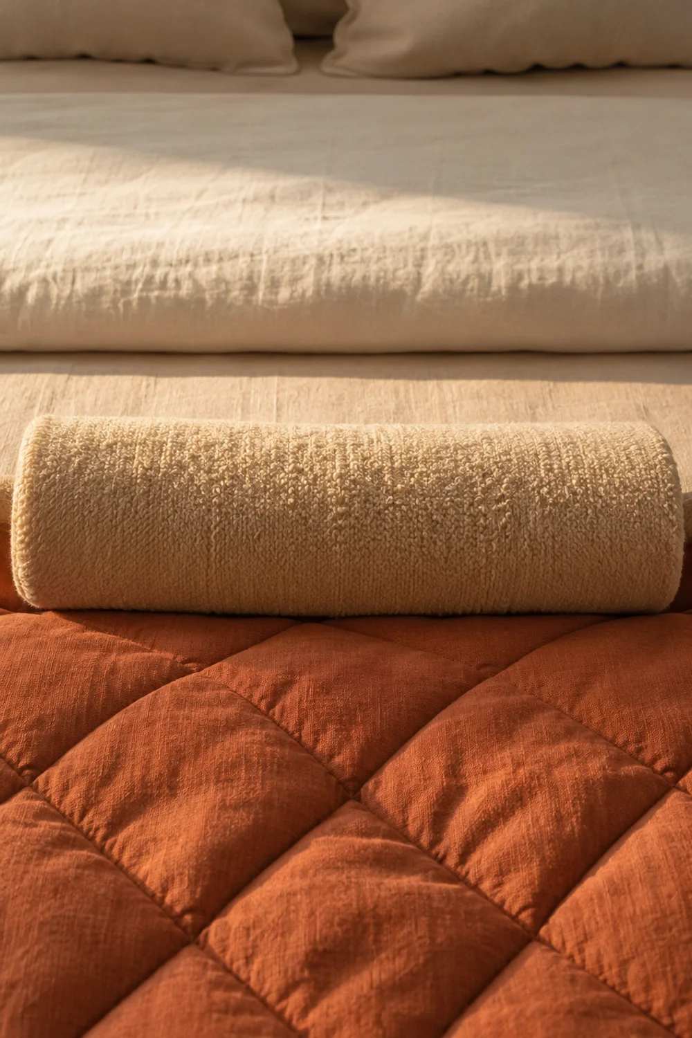 Layered hotel-style bedding with rolled throw at foot of bed