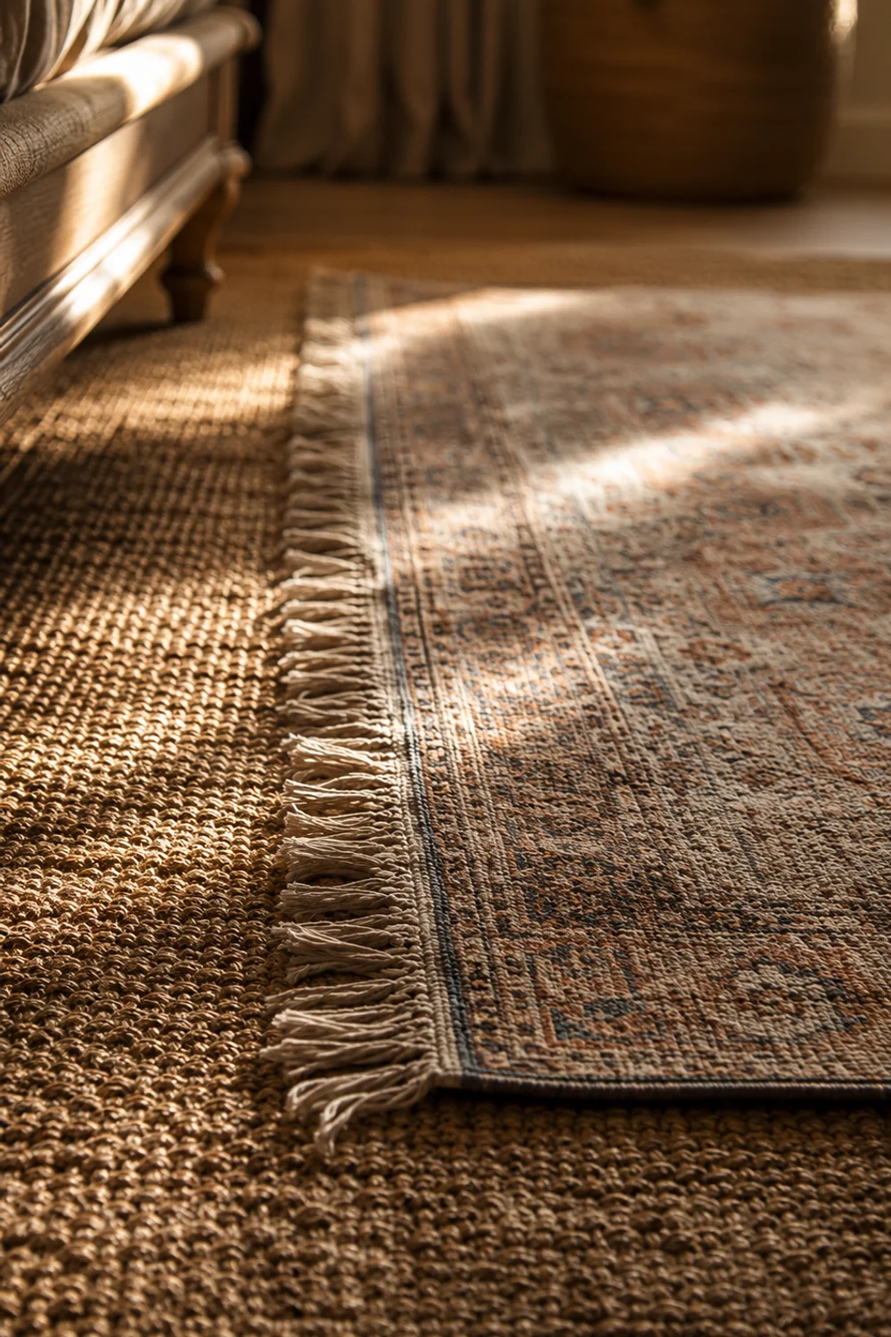 Layered vintage wool rug over flat-weave jute rug in bedroom