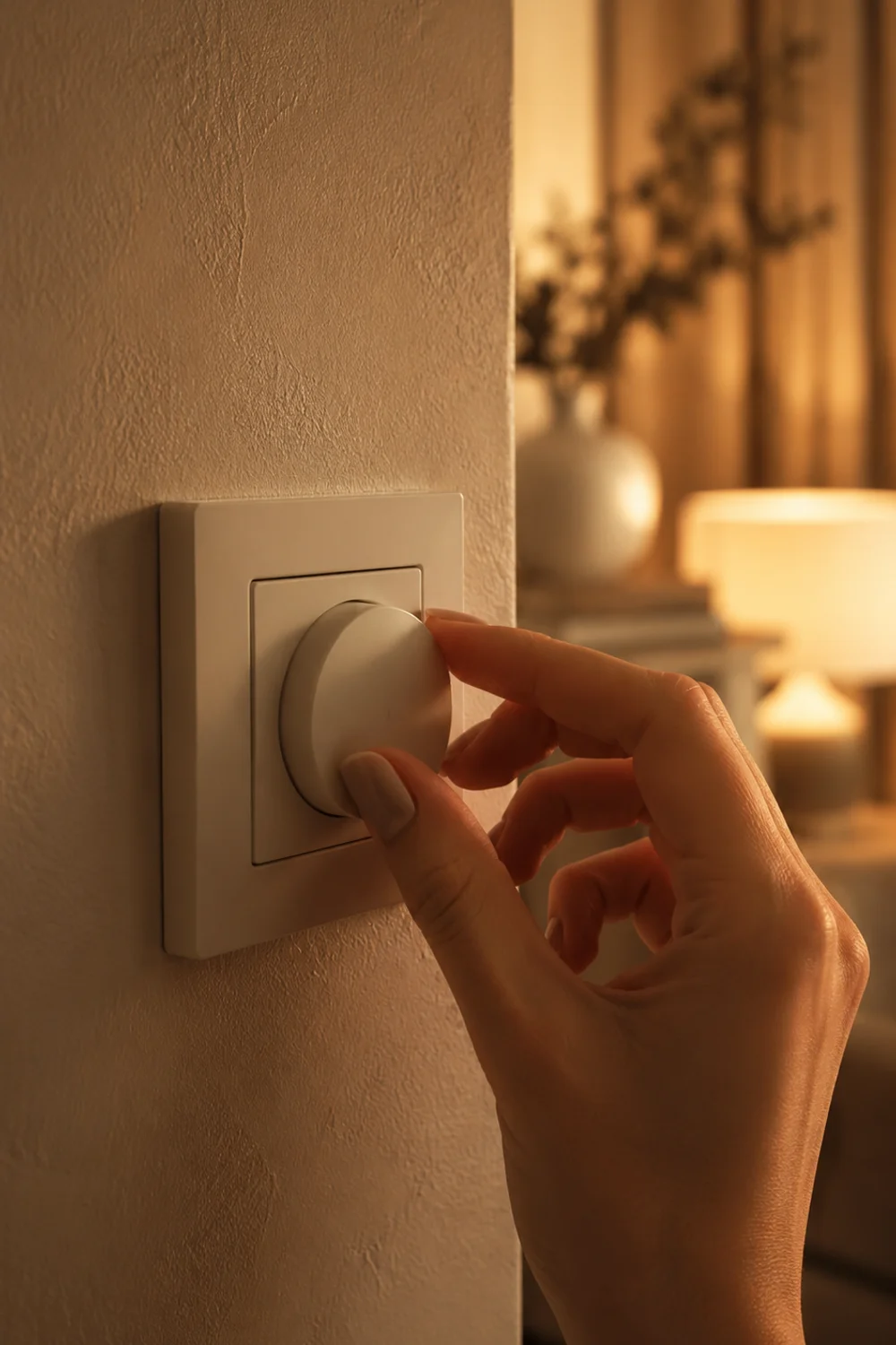 Hand adjusting a trailing-edge LED-compatible dimmer switch on a bedroom wall