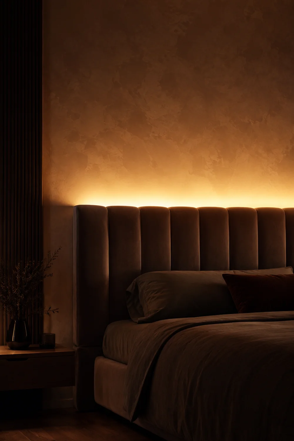 Hidden LED cove lighting glowing softly behind an upholstered bedroom headboard