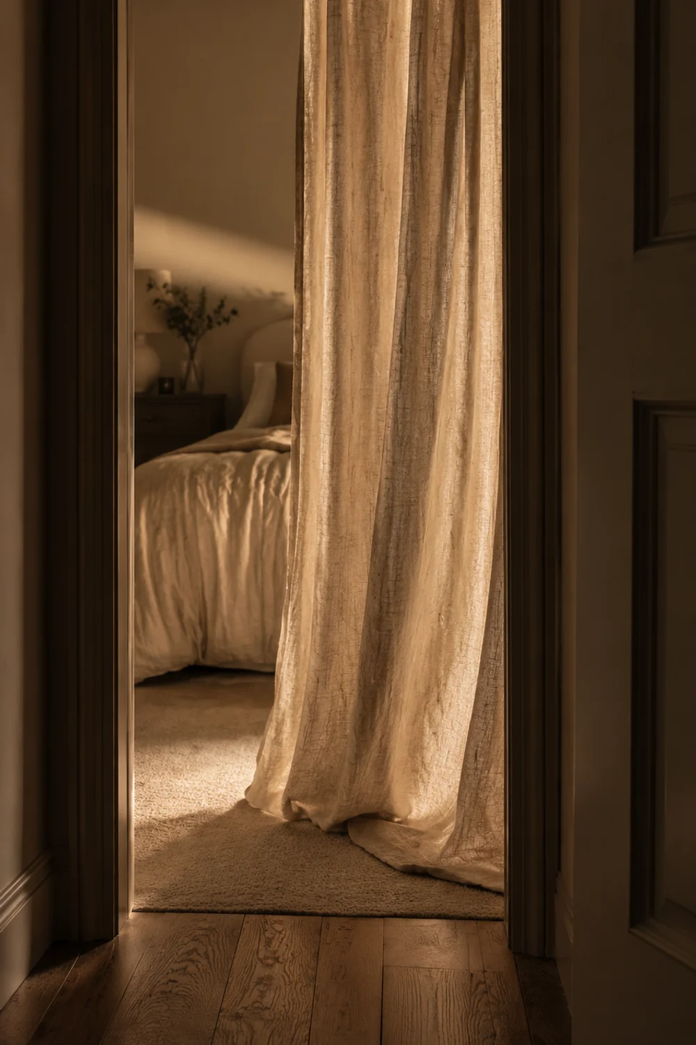 Heavy linen curtain panel parted just inside a bedroom doorway with rug marking the threshold