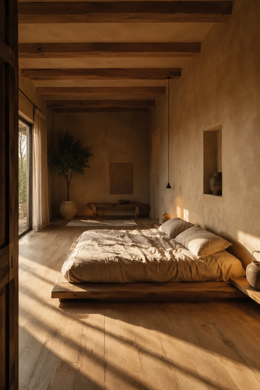 Low-profile oak platform bed in a sunlit earthy bedroom with warm natural light