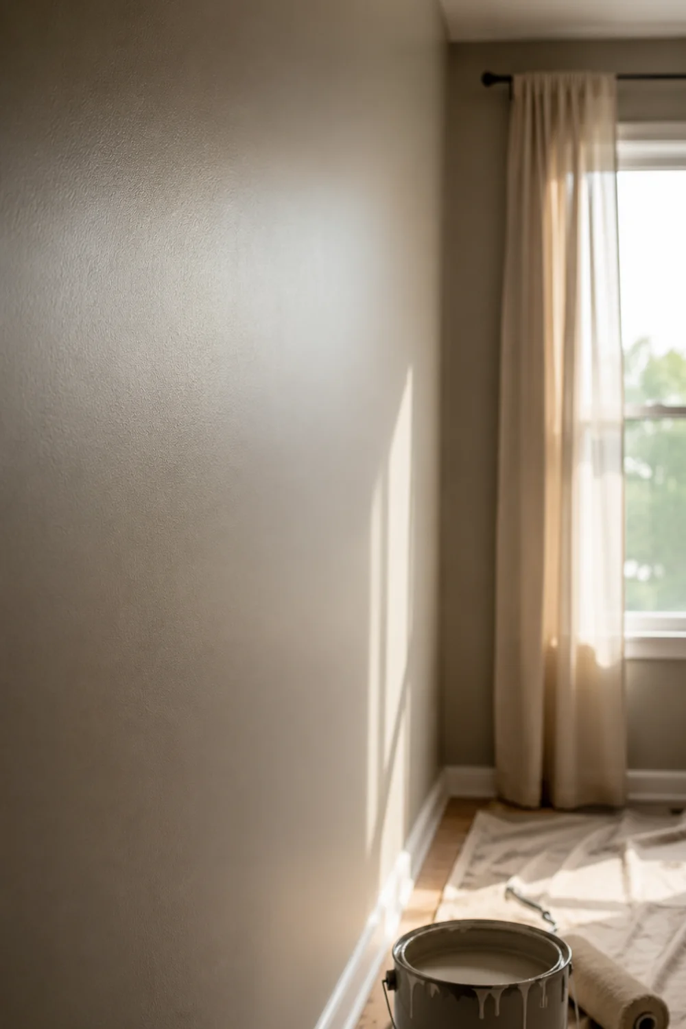 Freshly painted matte low-VOC bedroom wall with soft natural light from window